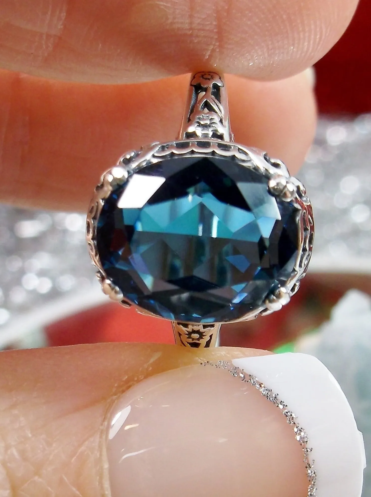 London Blue Topaz Ring, Edwardian Antique Reproduction Jewelry #D70z