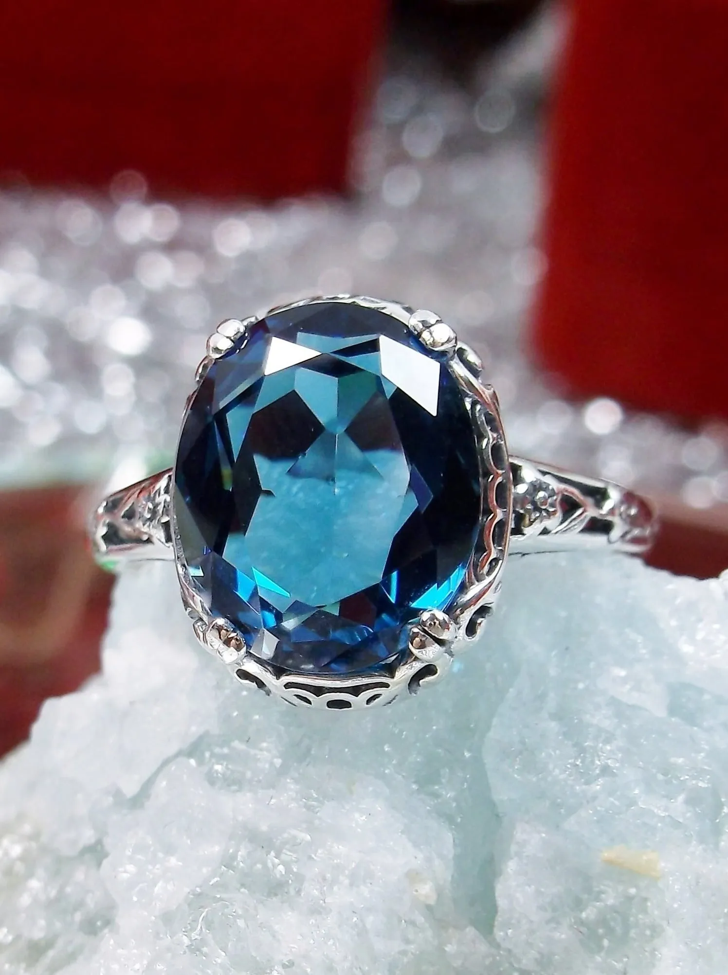 London Blue Topaz Ring, Edwardian Antique Reproduction Jewelry #D70z