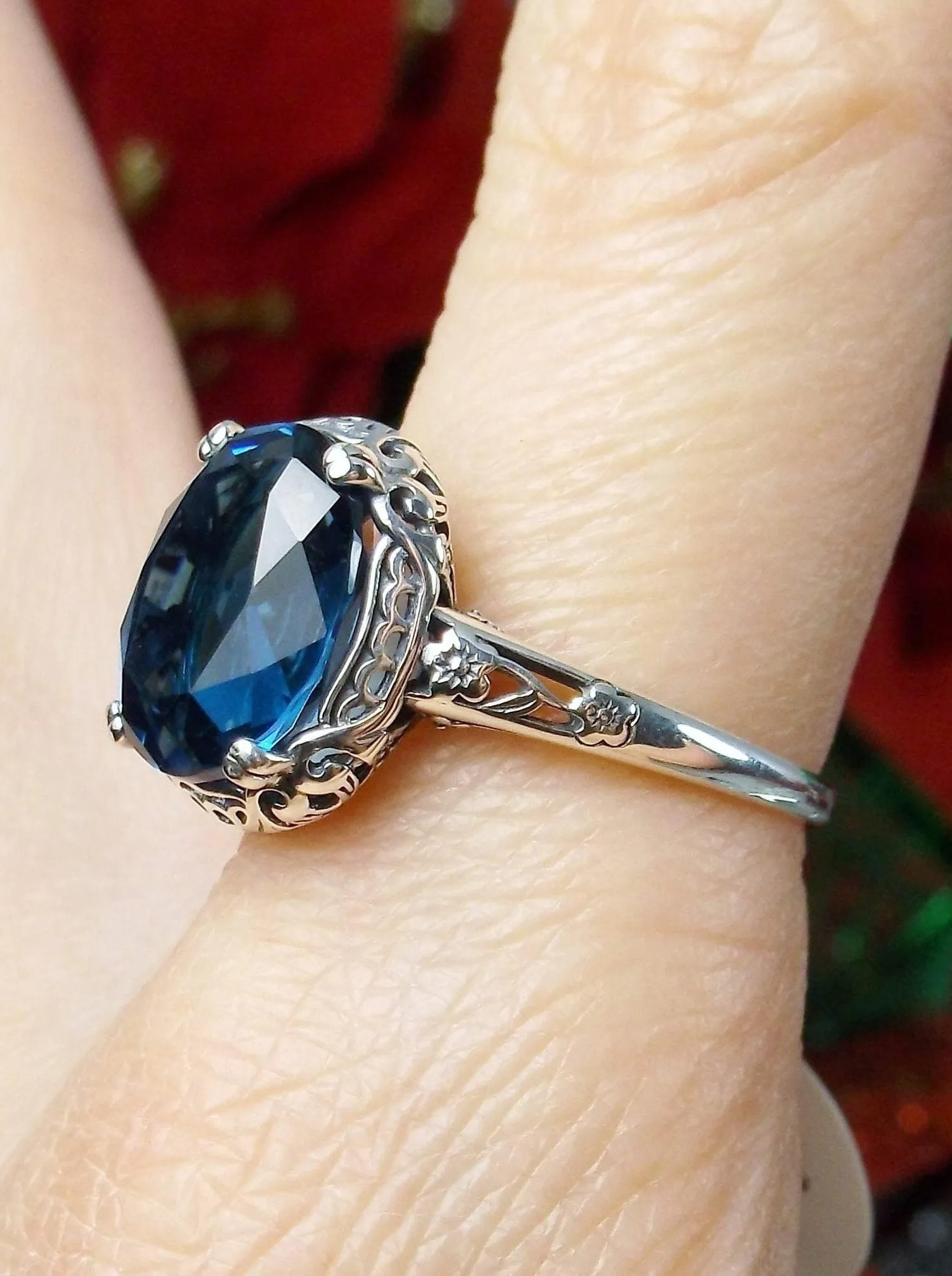 London Blue Topaz Ring, Edwardian Antique Reproduction Jewelry #D70z