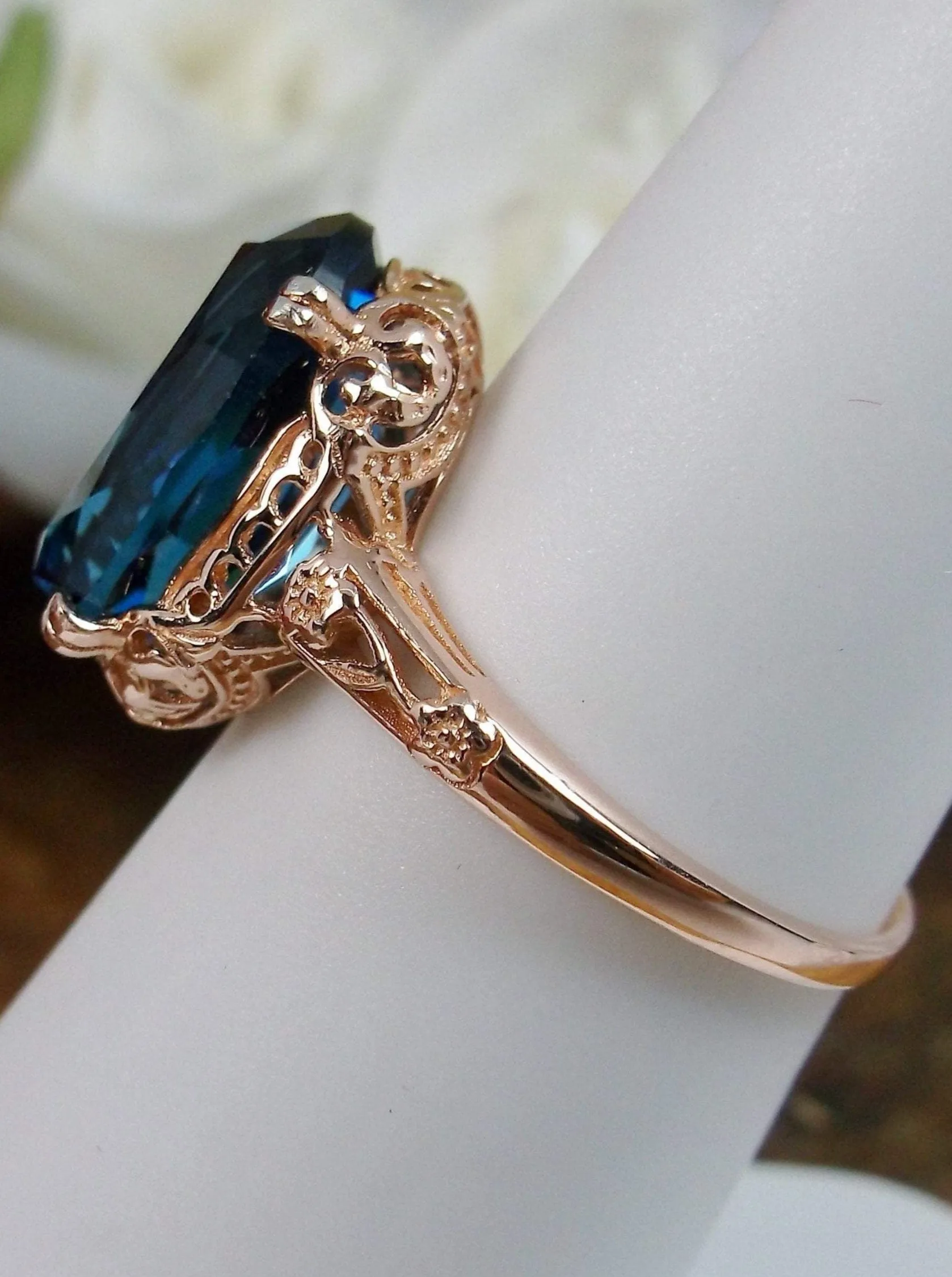 London Blue Topaz Ring, Rose Gold overlay, Simulated or Natural Topaz, Edwardian Jewelry #D70