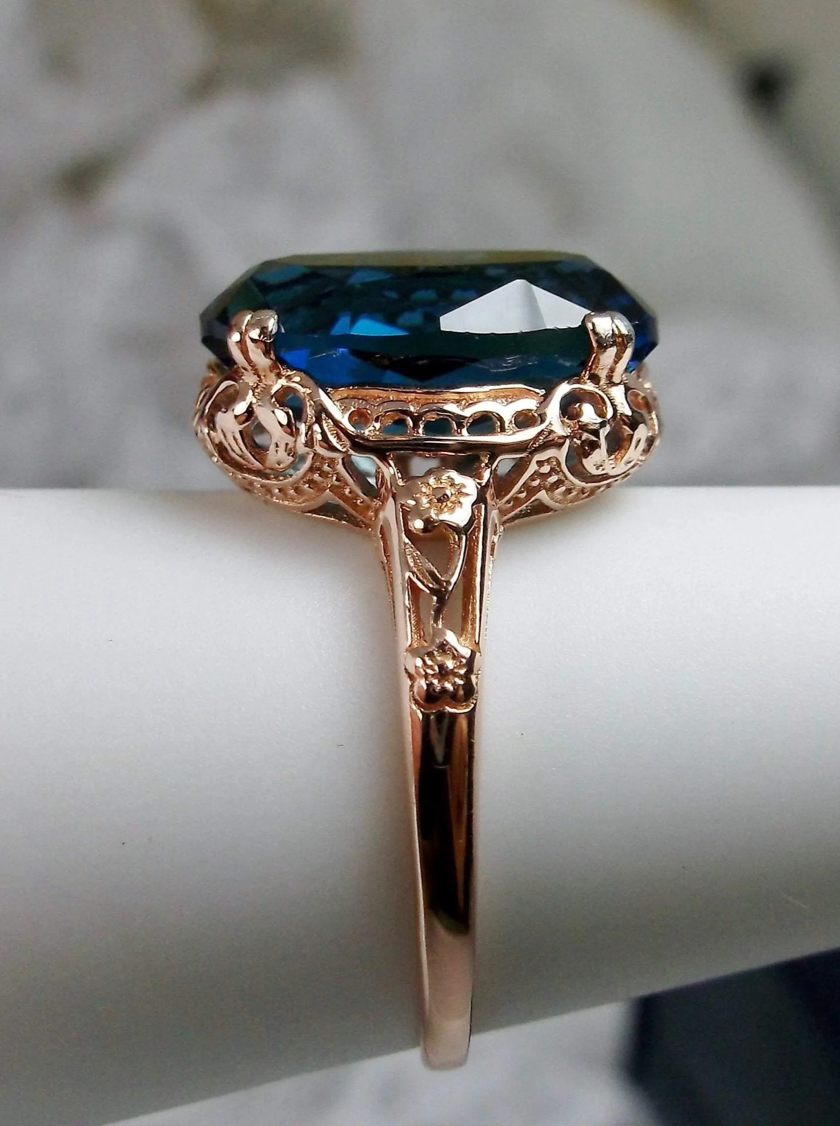 London Blue Topaz Ring, Rose Gold overlay, Simulated or Natural Topaz, Edwardian Jewelry #D70