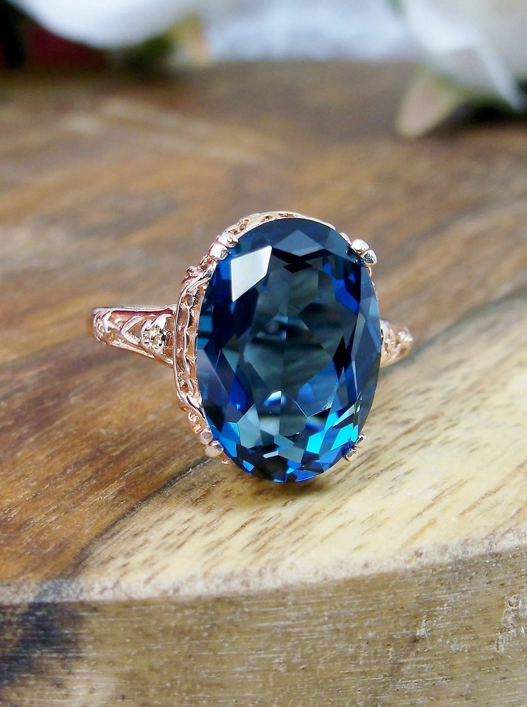 London Blue Topaz Ring, Rose Gold overlay, Simulated or Natural Topaz, Edwardian Jewelry #D70