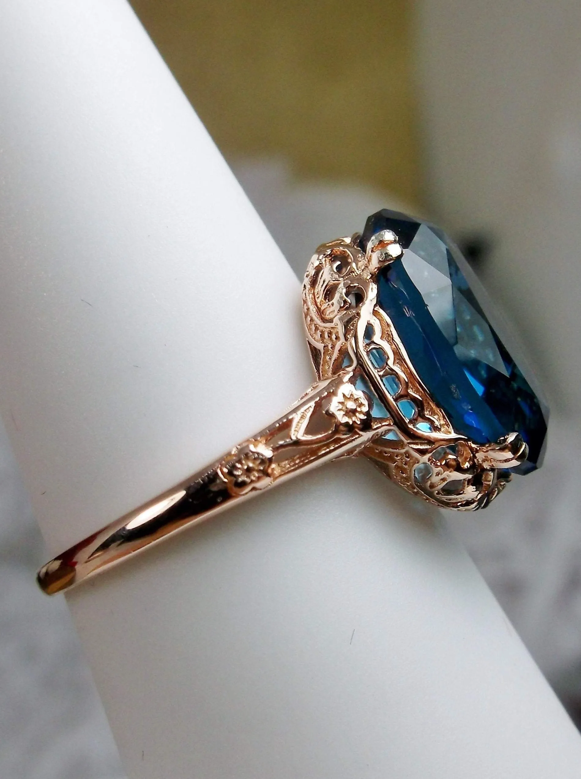 London Blue Topaz Ring, Rose Gold overlay, Simulated or Natural Topaz, Edwardian Jewelry #D70