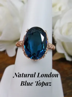 London Blue Topaz Ring, Rose Gold overlay, Simulated or Natural Topaz, Edwardian Jewelry #D70