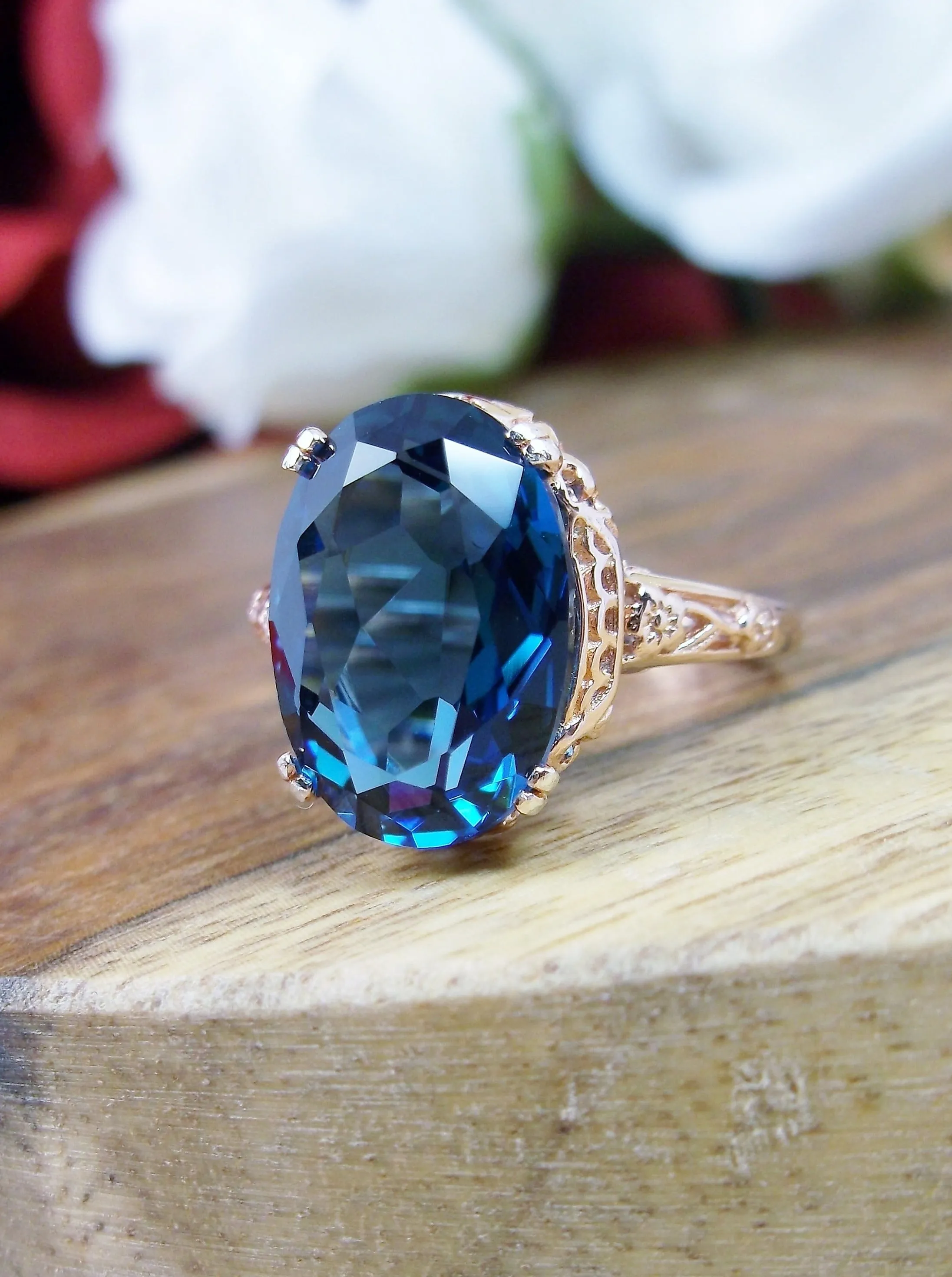 London Blue Topaz Ring, Rose Gold overlay, Simulated or Natural Topaz, Edwardian Jewelry #D70