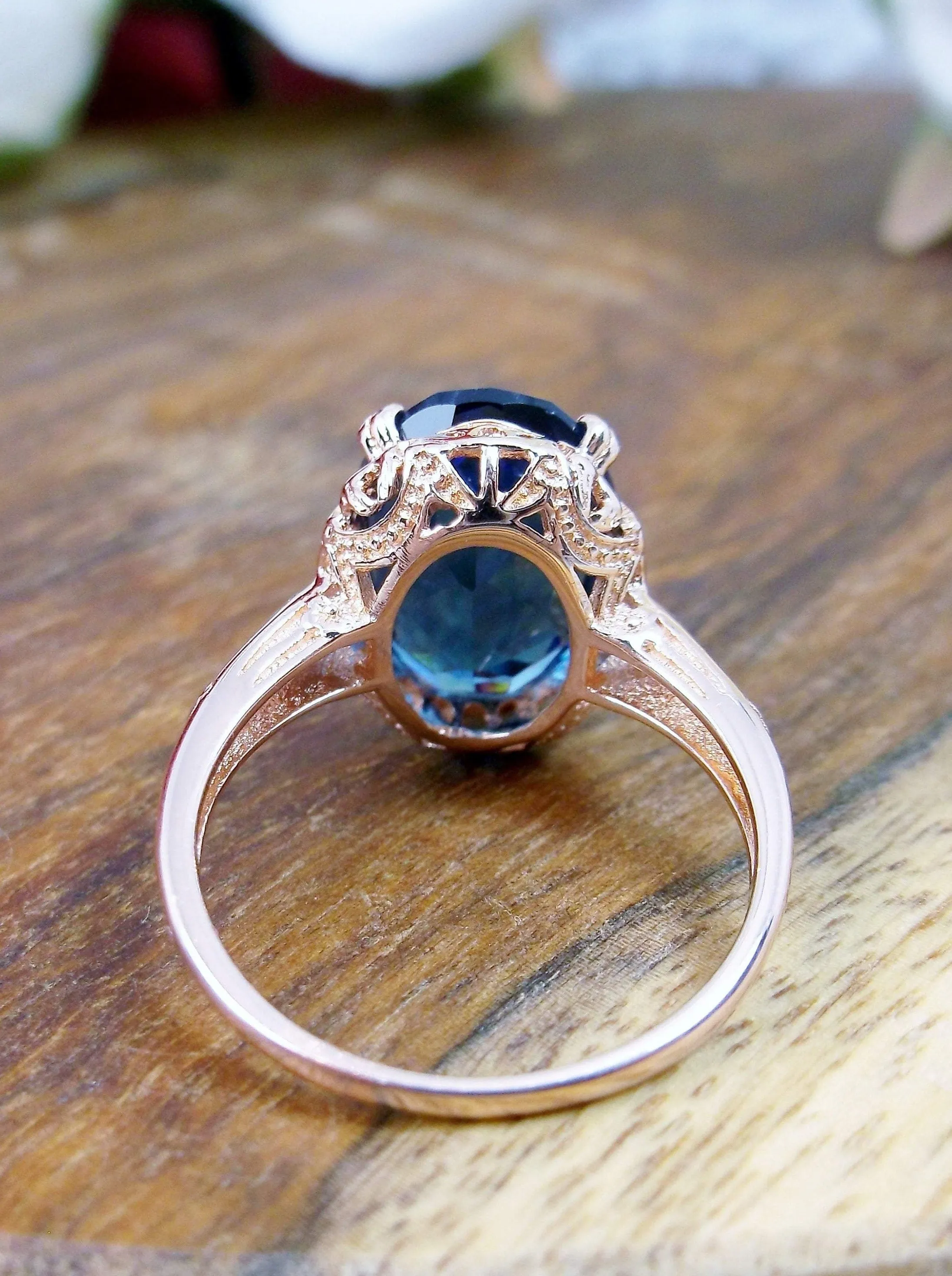 London Blue Topaz Ring, Rose Gold overlay, Simulated or Natural Topaz, Edwardian Jewelry #D70