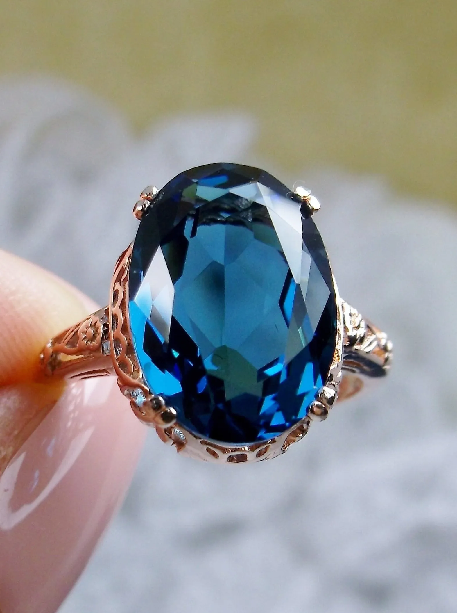 London Blue Topaz Ring, Rose Gold overlay, Simulated or Natural Topaz, Edwardian Jewelry #D70