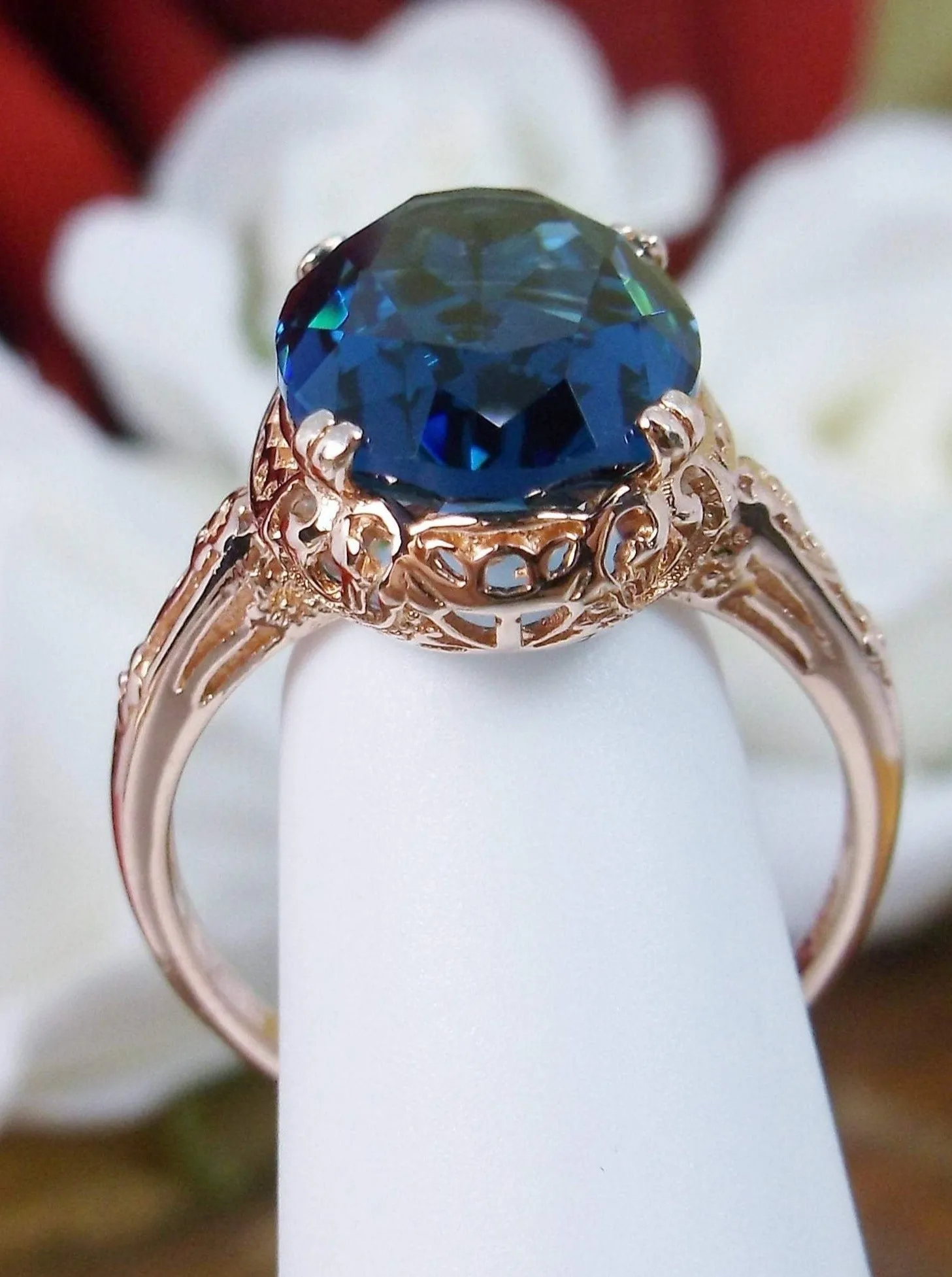 London Blue Topaz Ring, Rose Gold overlay, Simulated or Natural Topaz, Edwardian Jewelry #D70