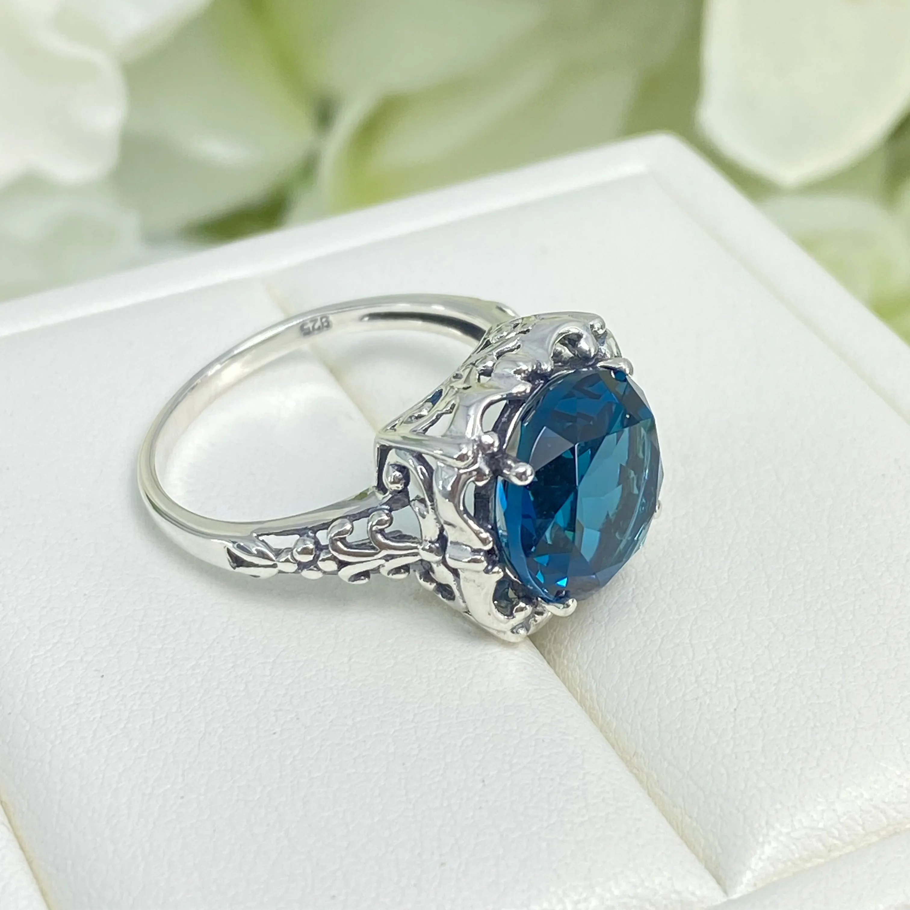 London Blue Topaz Victorian Ring, Size 10, Simulated Gemstone #D103 - Ready to Ship