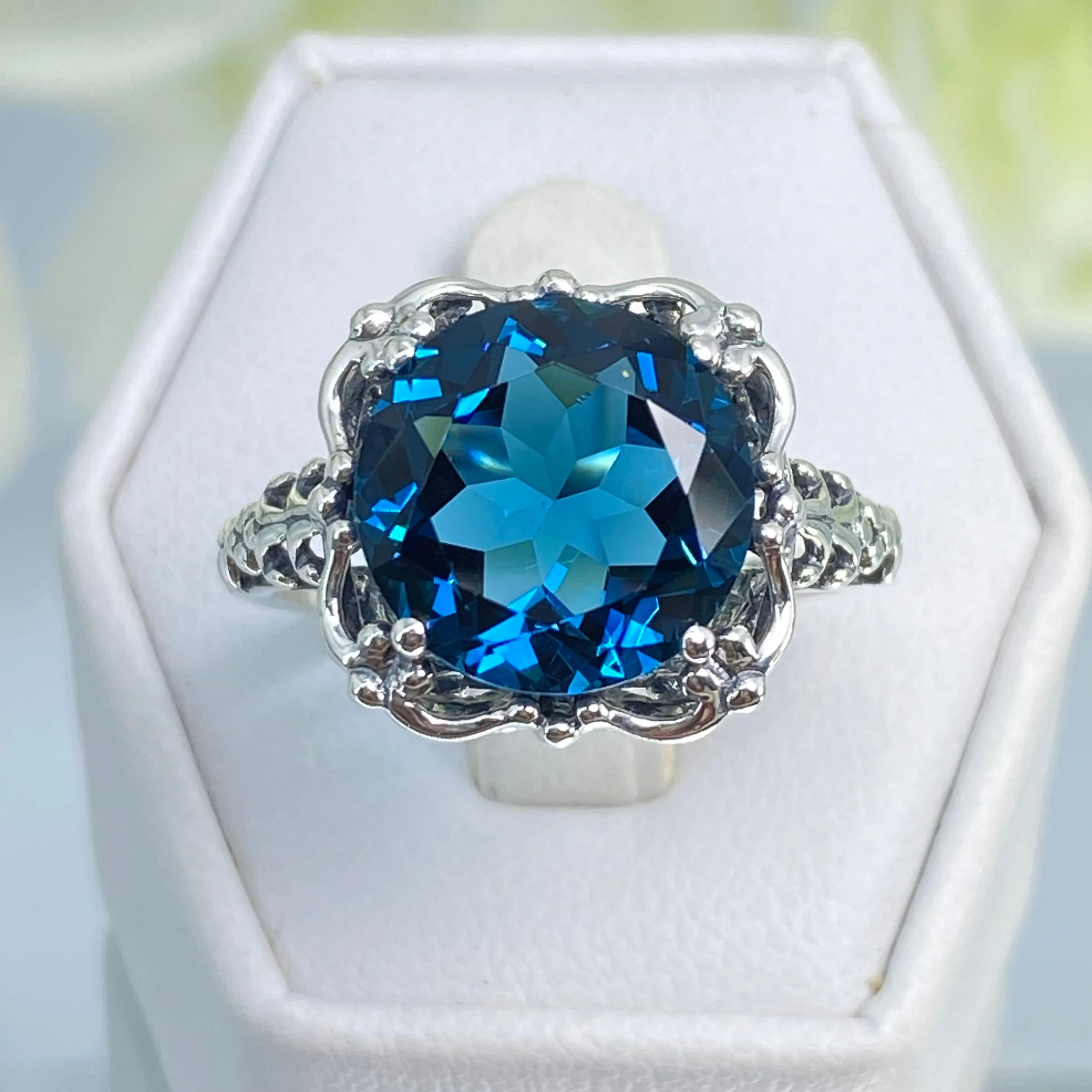 London Blue Topaz Victorian Ring, Size 10, Simulated Gemstone #D103 - Ready to Ship