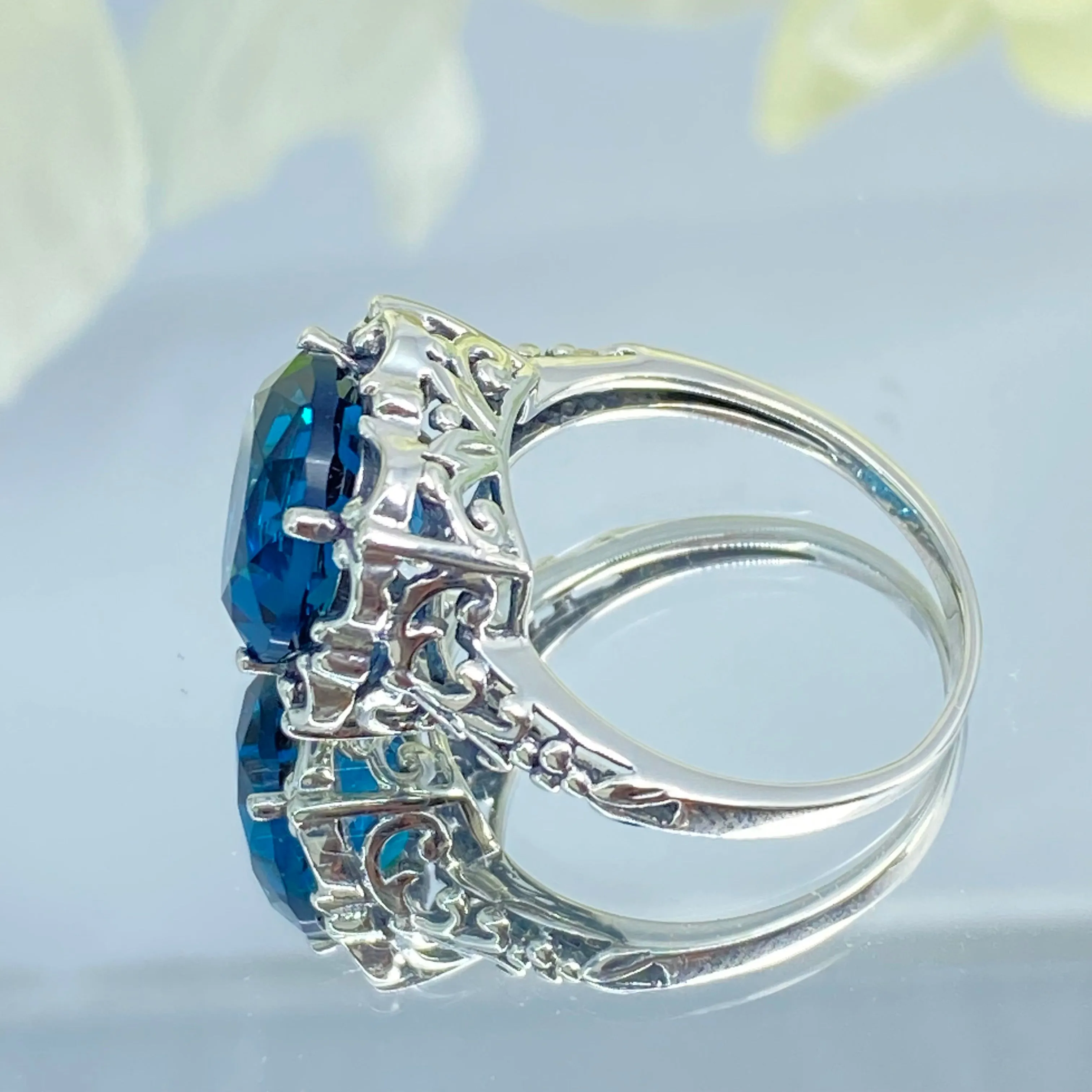 London Blue Topaz Victorian Ring, Size 10, Simulated Gemstone #D103 - Ready to Ship
