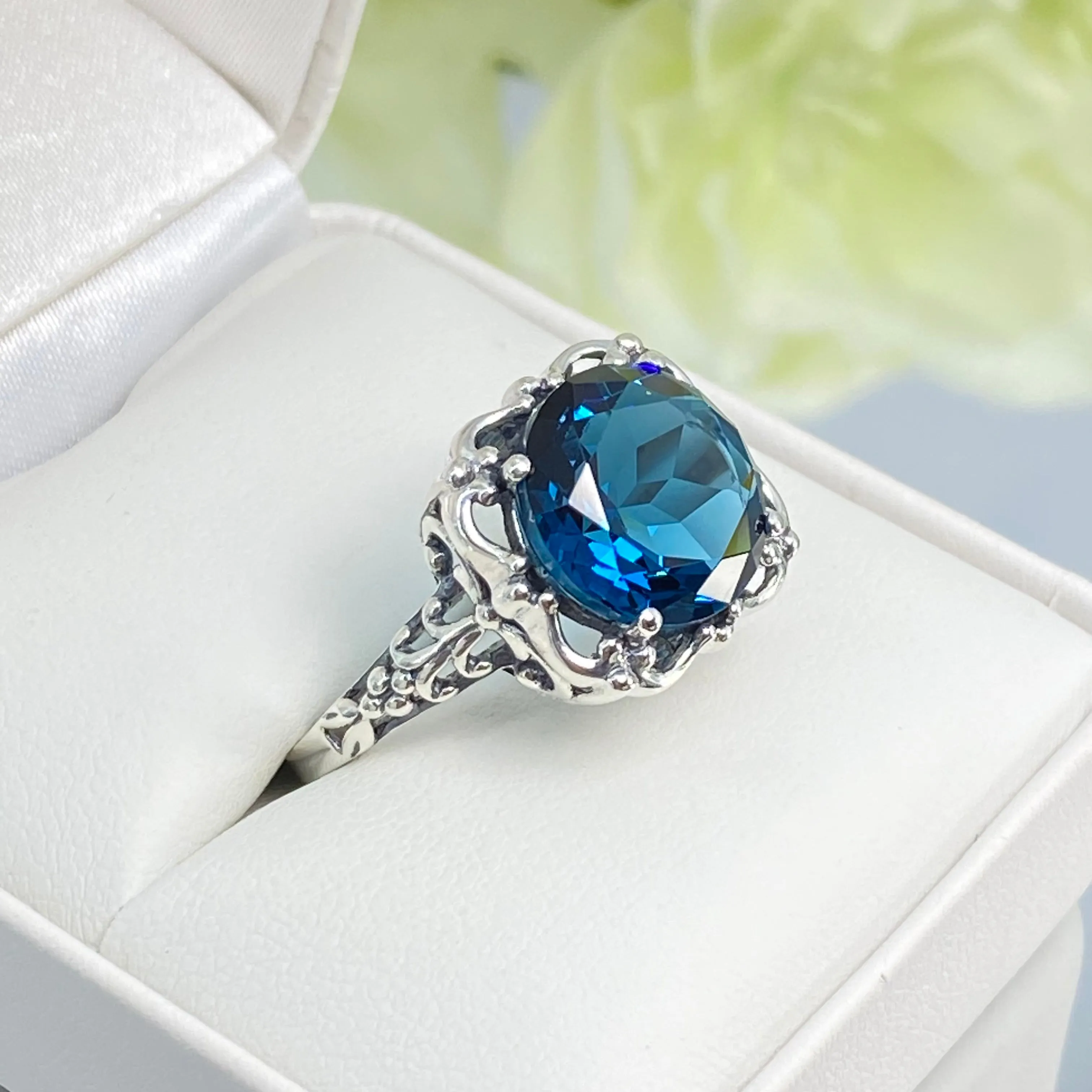 London Blue Topaz Victorian Ring, Size 10, Simulated Gemstone #D103 - Ready to Ship