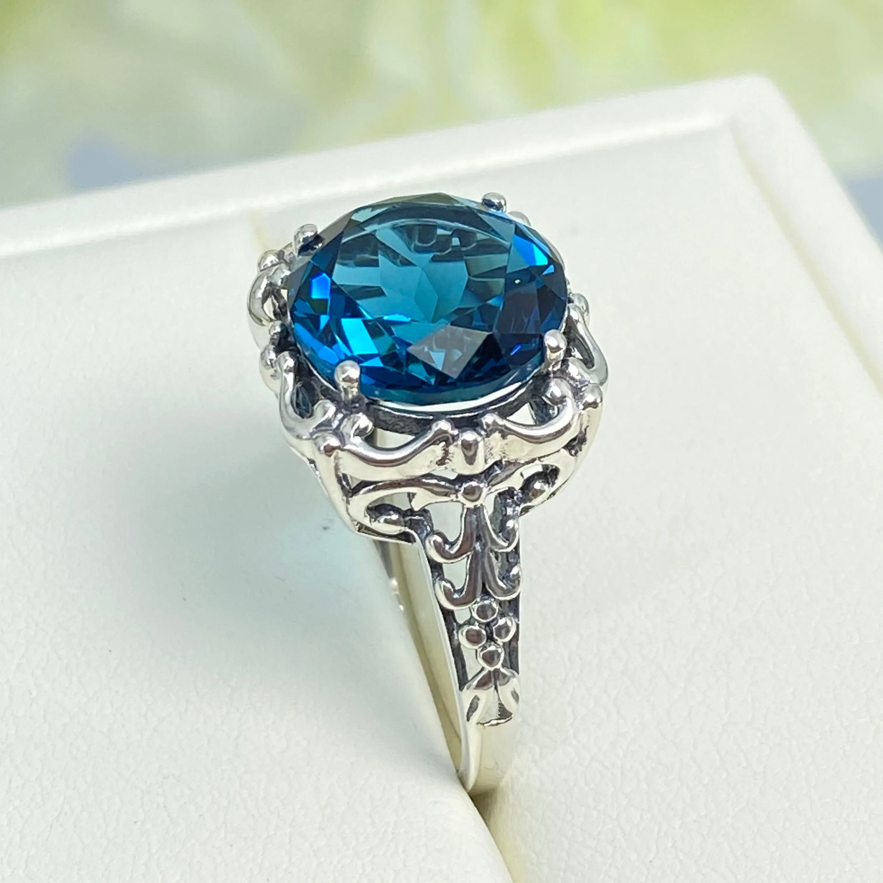 London Blue Topaz Victorian Ring, Size 10, Simulated Gemstone #D103 - Ready to Ship