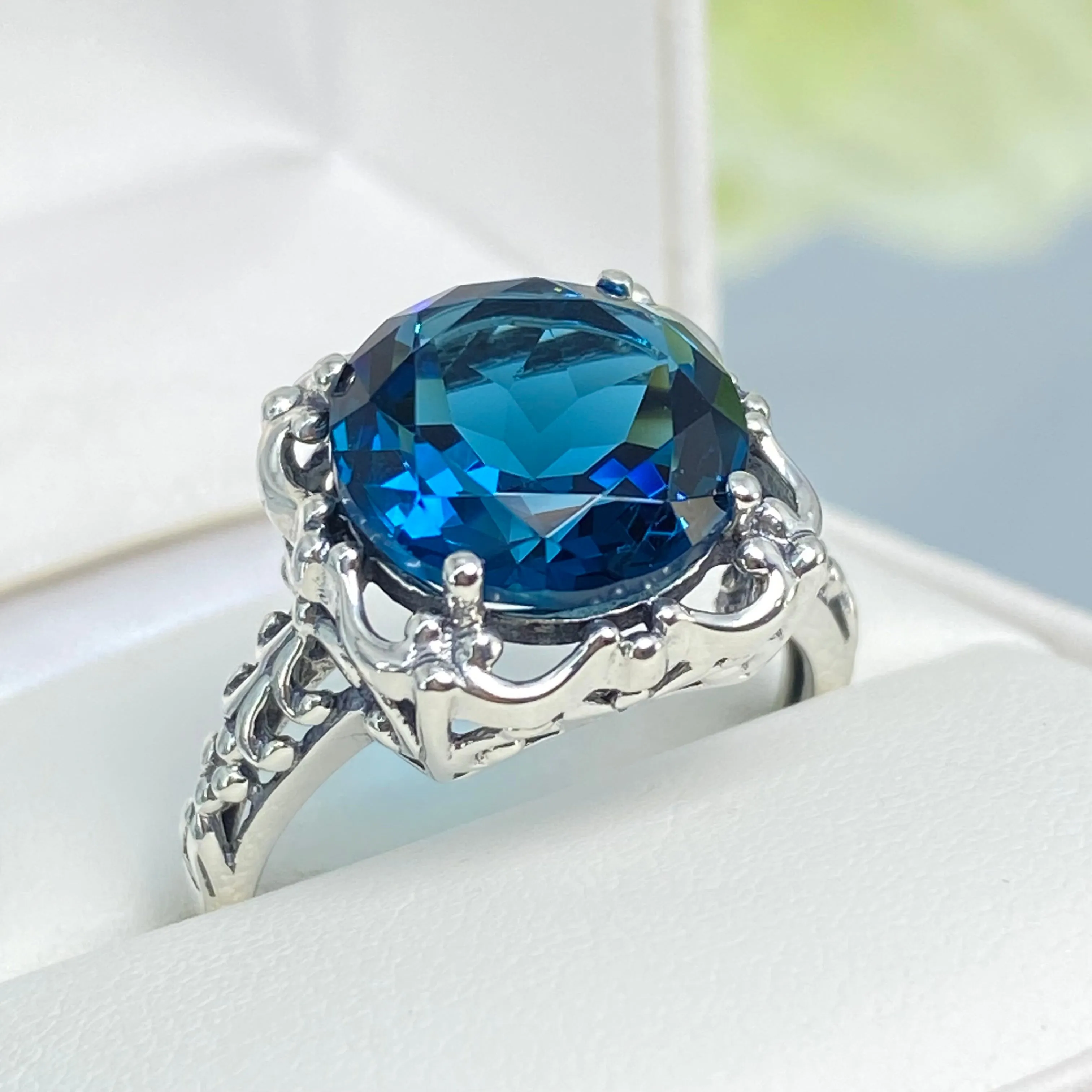 London Blue Topaz Victorian Ring, Size 10, Simulated Gemstone #D103 - Ready to Ship
