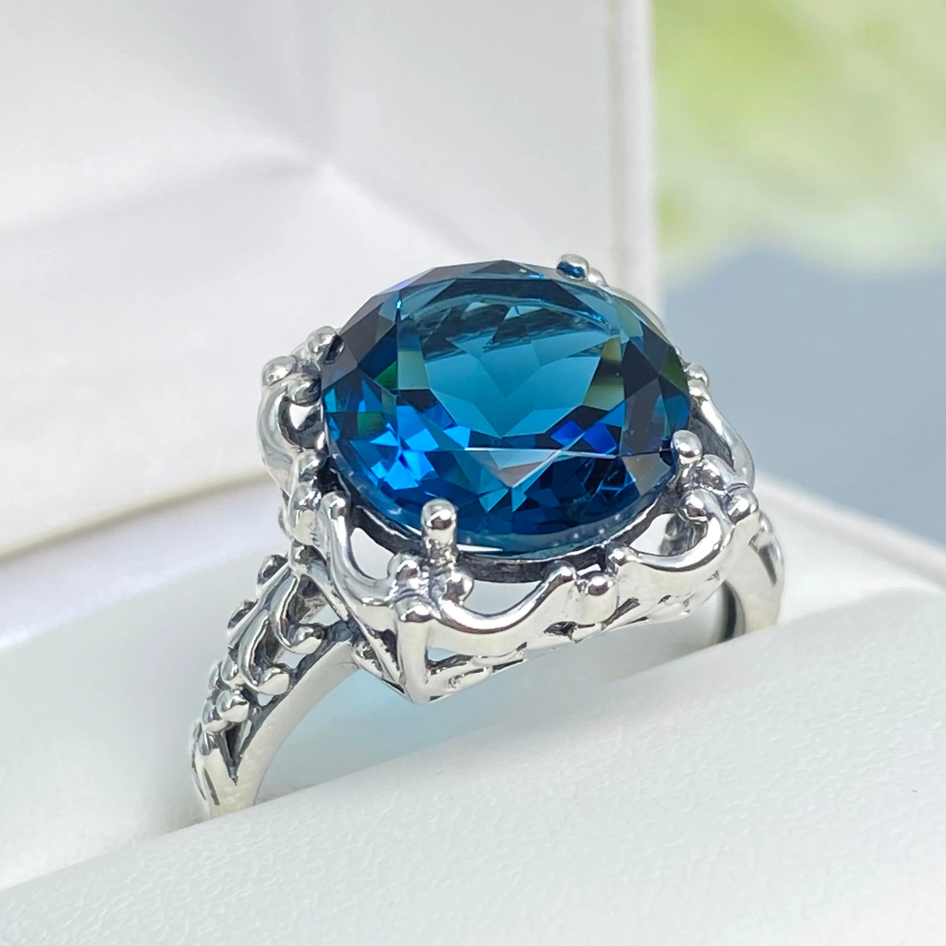 London Blue Topaz Victorian Ring, Size 10, Simulated Gemstone #D103 - Ready to Ship