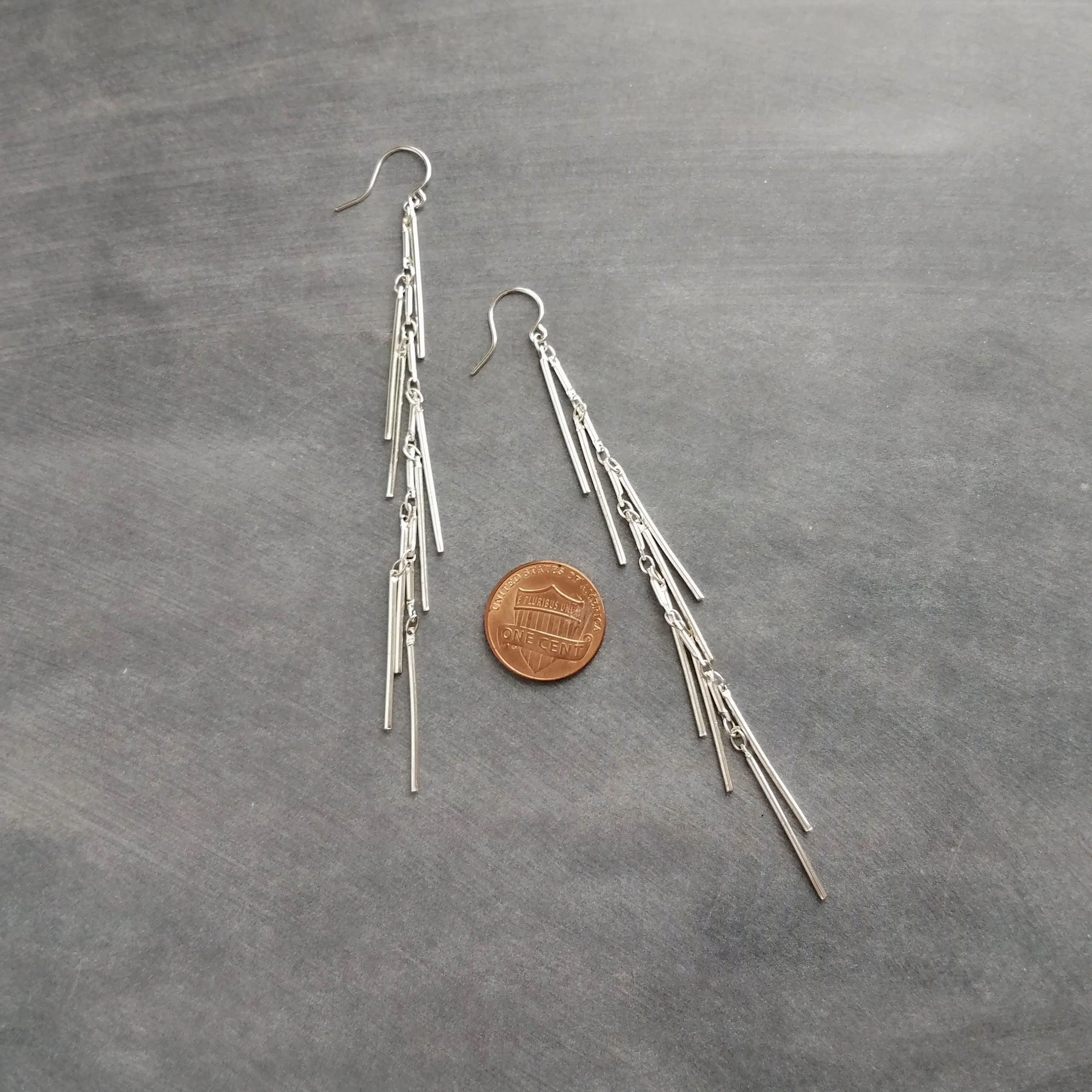 Long Silver Earrings, silver bar earring, cluster earring, fringe earring, thin narrow earring, gold stick earring shaggy earring, 4 inch