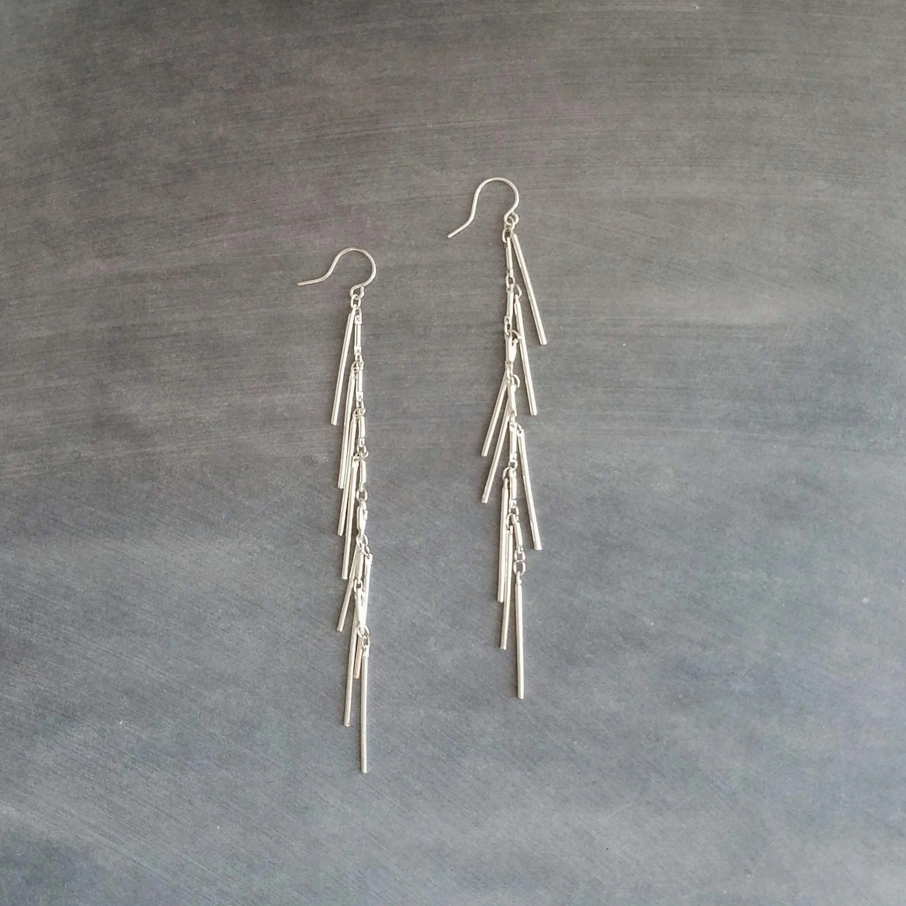 Long Silver Earrings, silver bar earring, cluster earring, fringe earring, thin narrow earring, gold stick earring shaggy earring, 4 inch