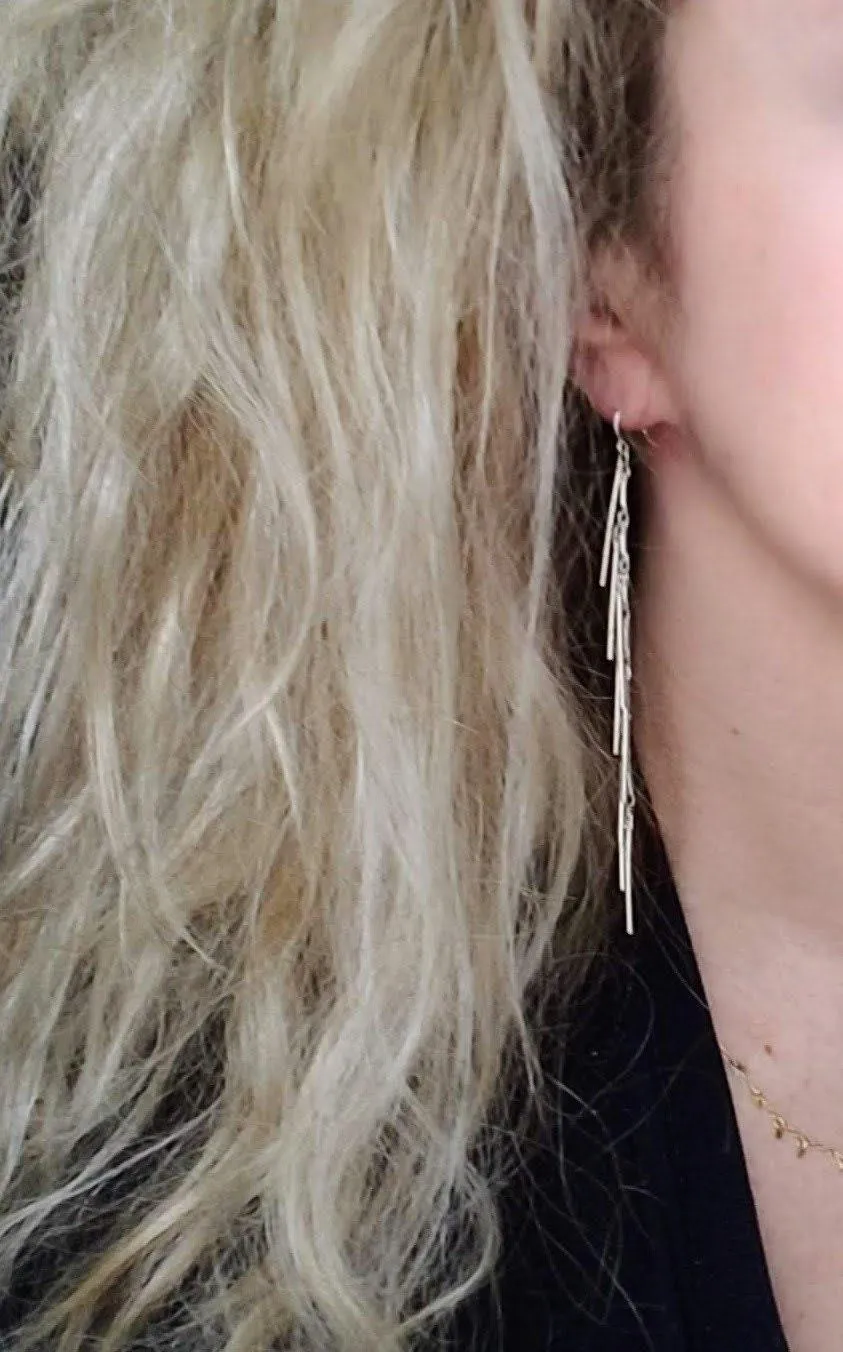 Long Silver Earrings, silver bar earring, cluster earring, fringe earring, thin narrow earring, gold stick earring shaggy earring, 4 inch