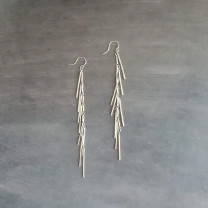 Long Silver Earrings, silver bar earring, cluster earring, fringe earring, thin narrow earring, gold stick earring shaggy earring, 4 inch