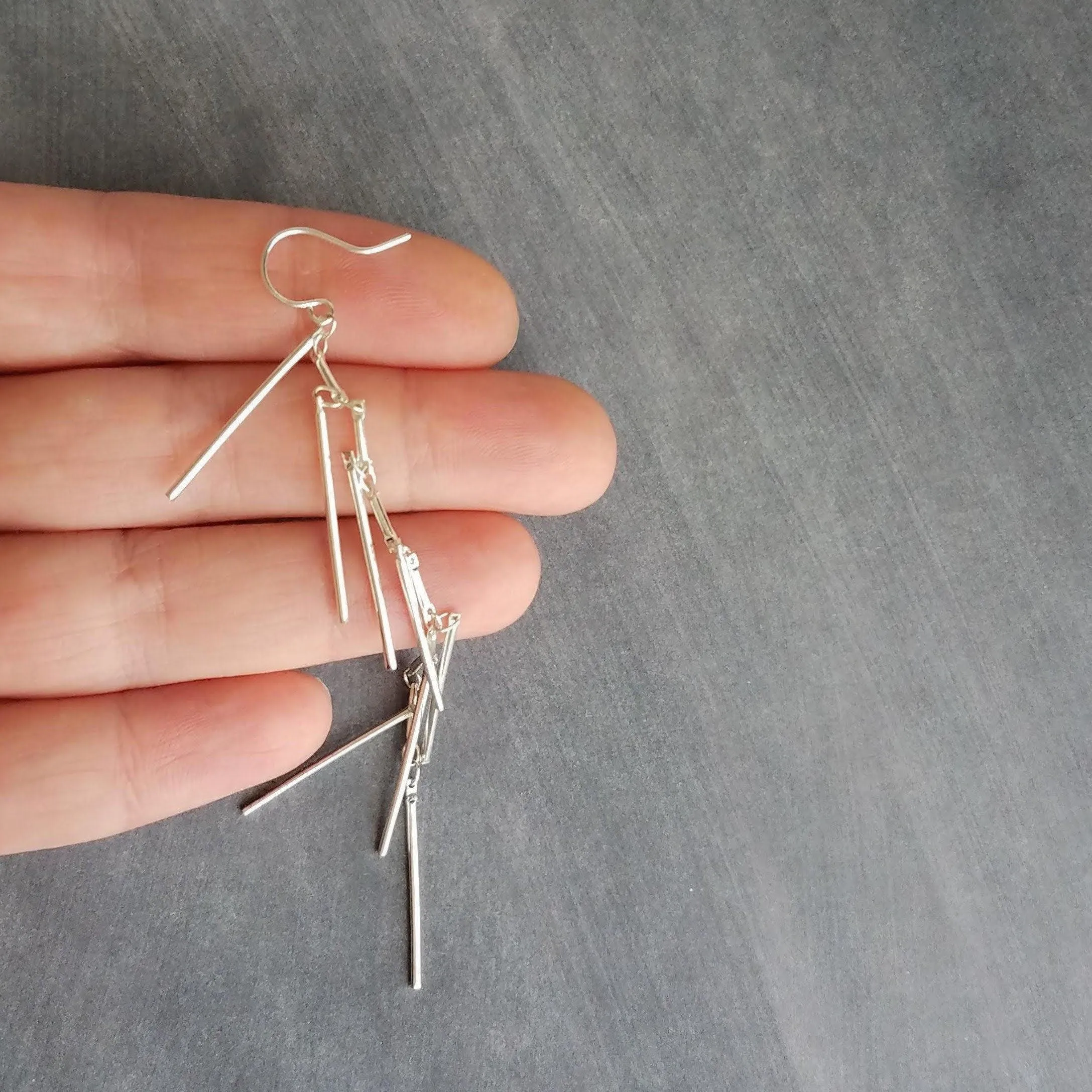 Long Silver Earrings, silver bar earring, cluster earring, fringe earring, thin narrow earring, gold stick earring shaggy earring, 4 inch