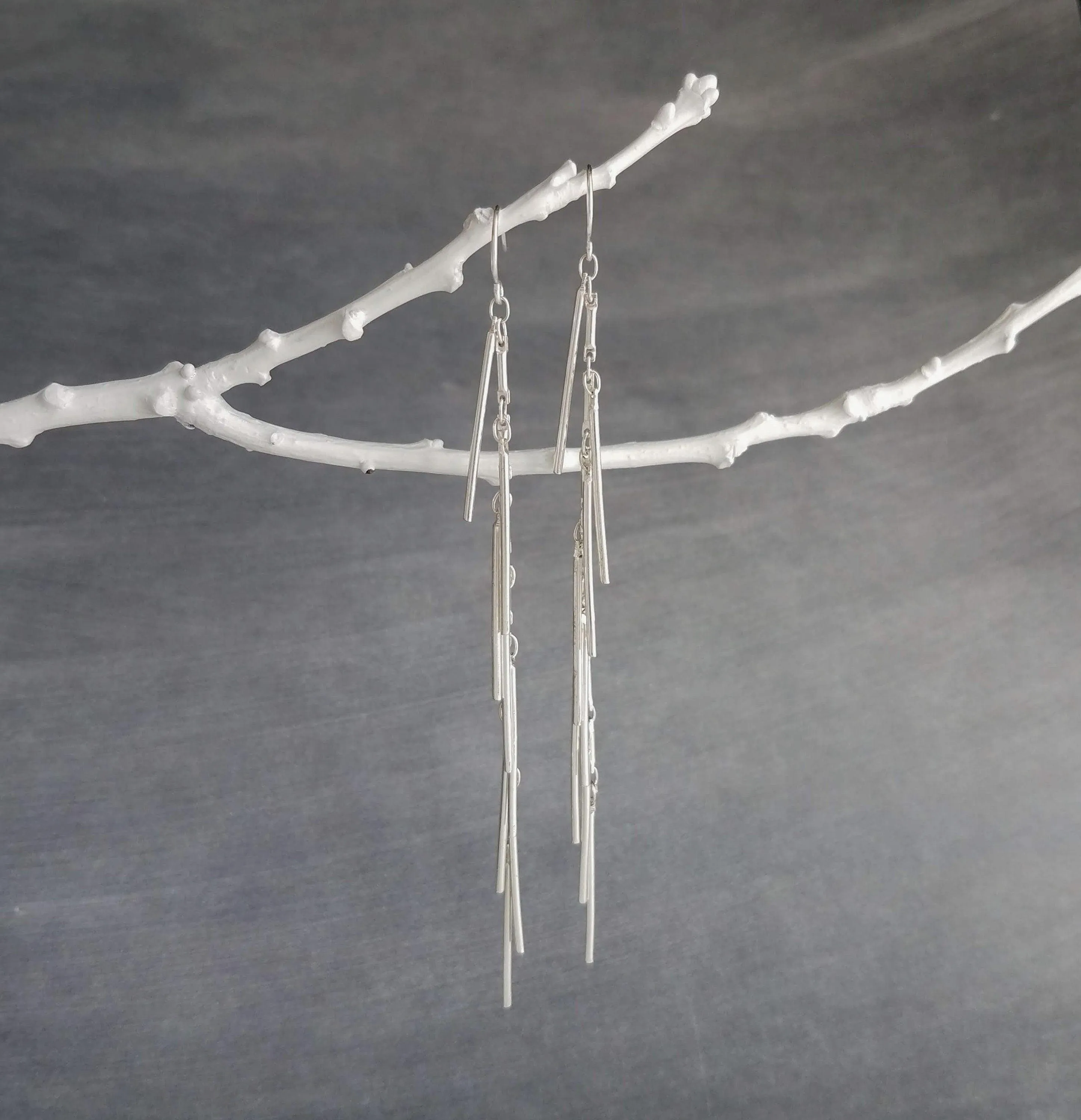Long Silver Earrings, silver bar earring, cluster earring, fringe earring, thin narrow earring, gold stick earring shaggy earring, 4 inch