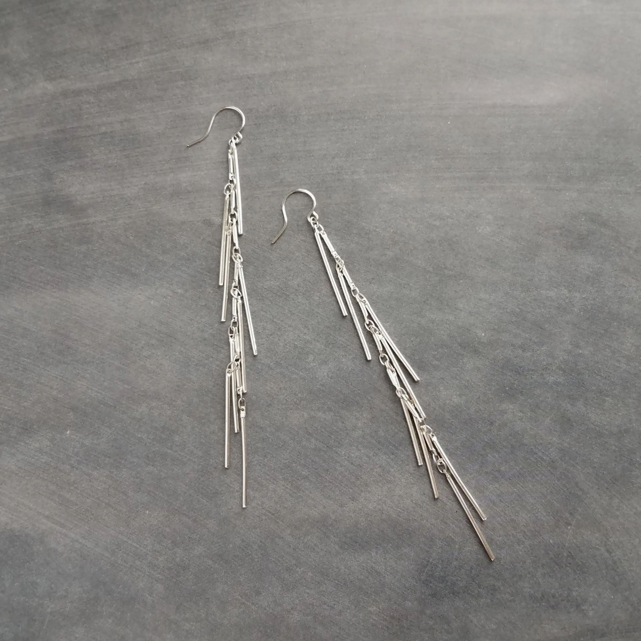 Long Silver Earrings, silver bar earring, cluster earring, fringe earring, thin narrow earring, gold stick earring shaggy earring, 4 inch