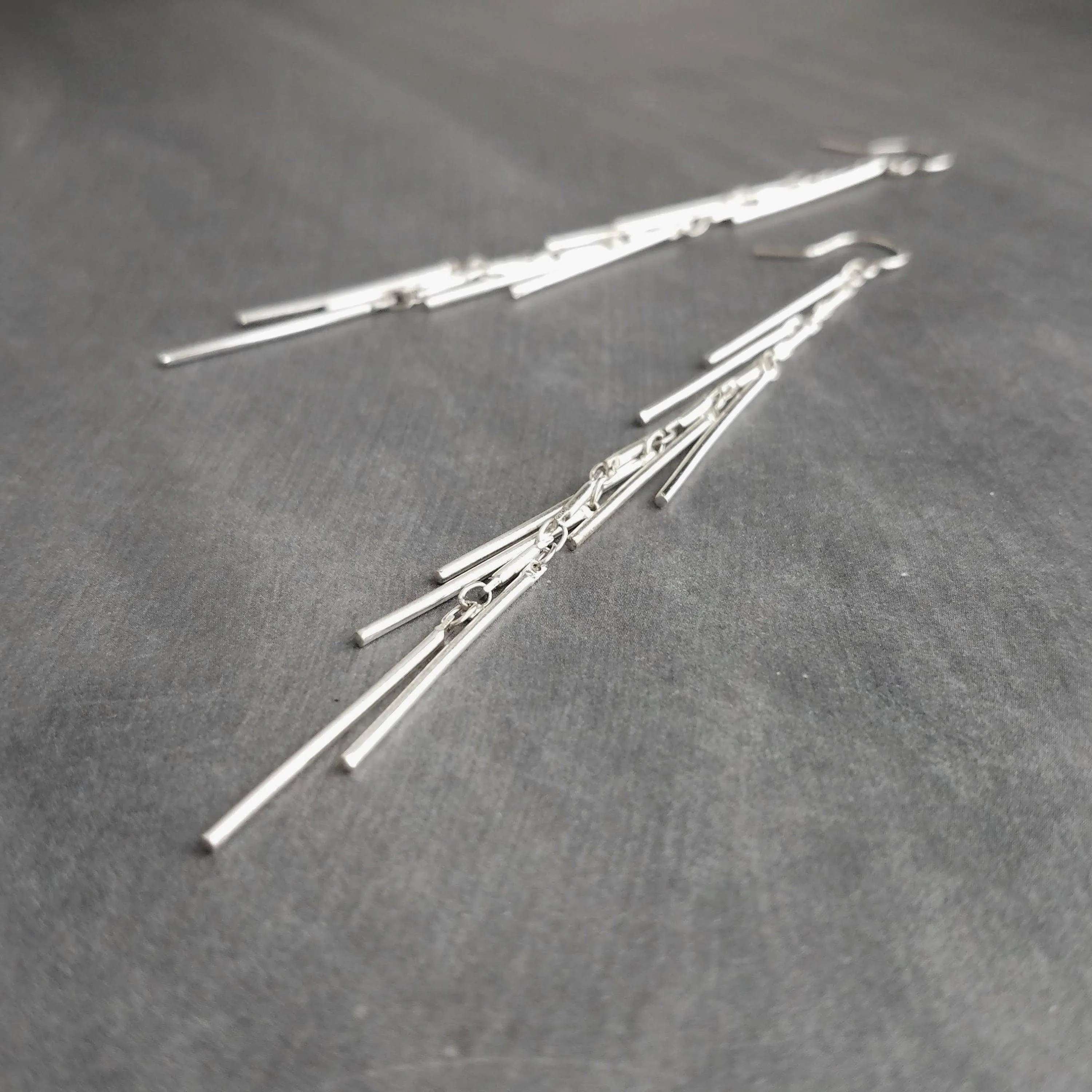 Long Silver Earrings, silver bar earring, cluster earring, fringe earring, thin narrow earring, gold stick earring shaggy earring, 4 inch