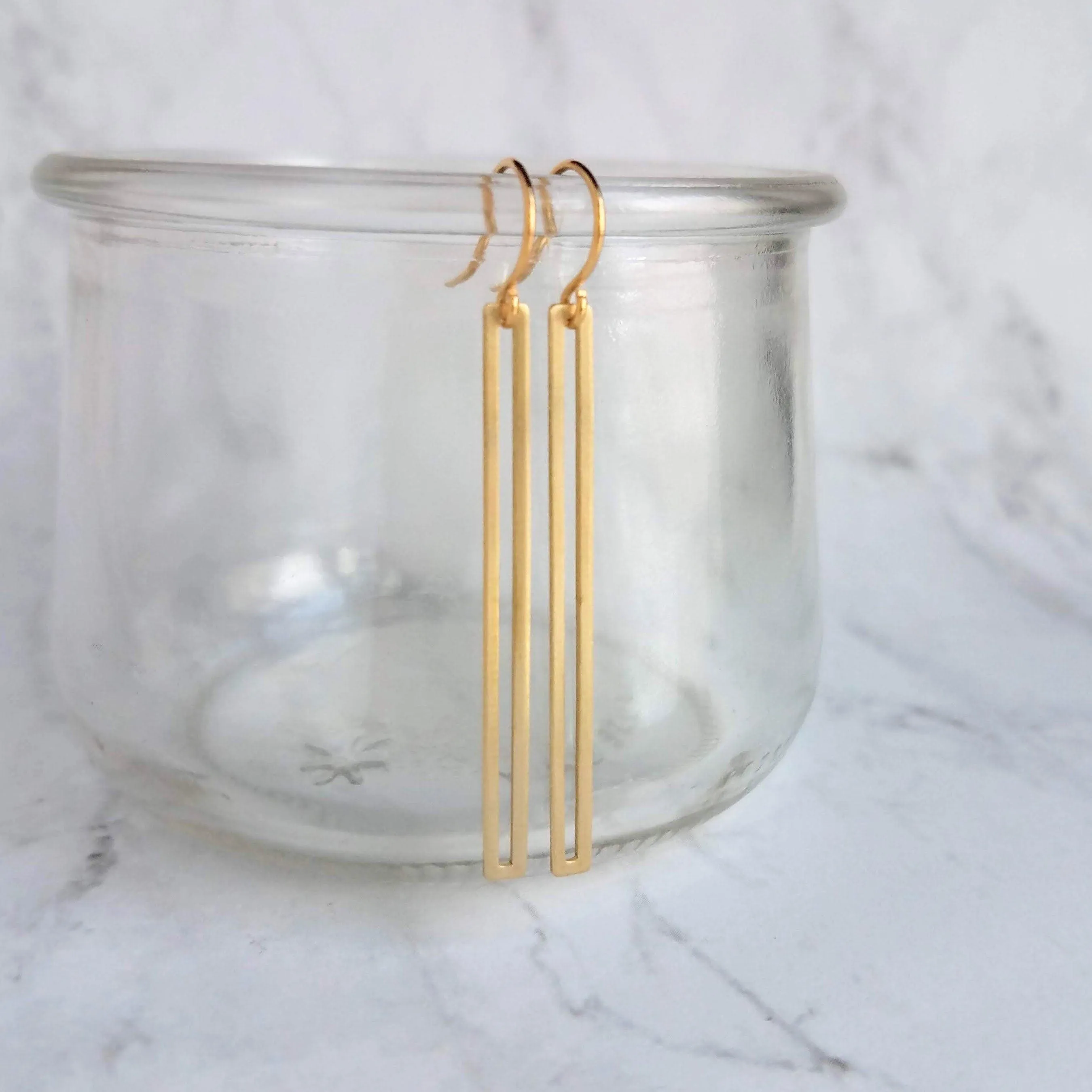 Long Thin Gold Bar Earrings - open rectangle earring, minimalist earring, narrow gold earring, gold rectangle outline, long gold earring