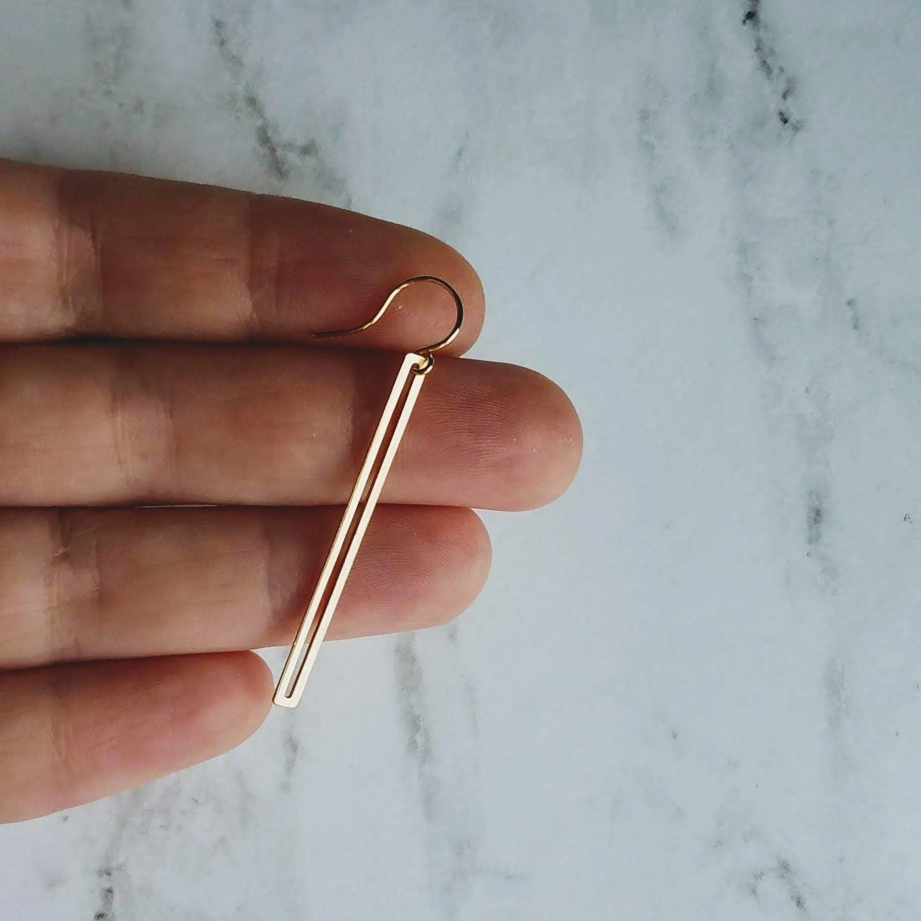 Long Thin Gold Bar Earrings - open rectangle earring, minimalist earring, narrow gold earring, gold rectangle outline, long gold earring