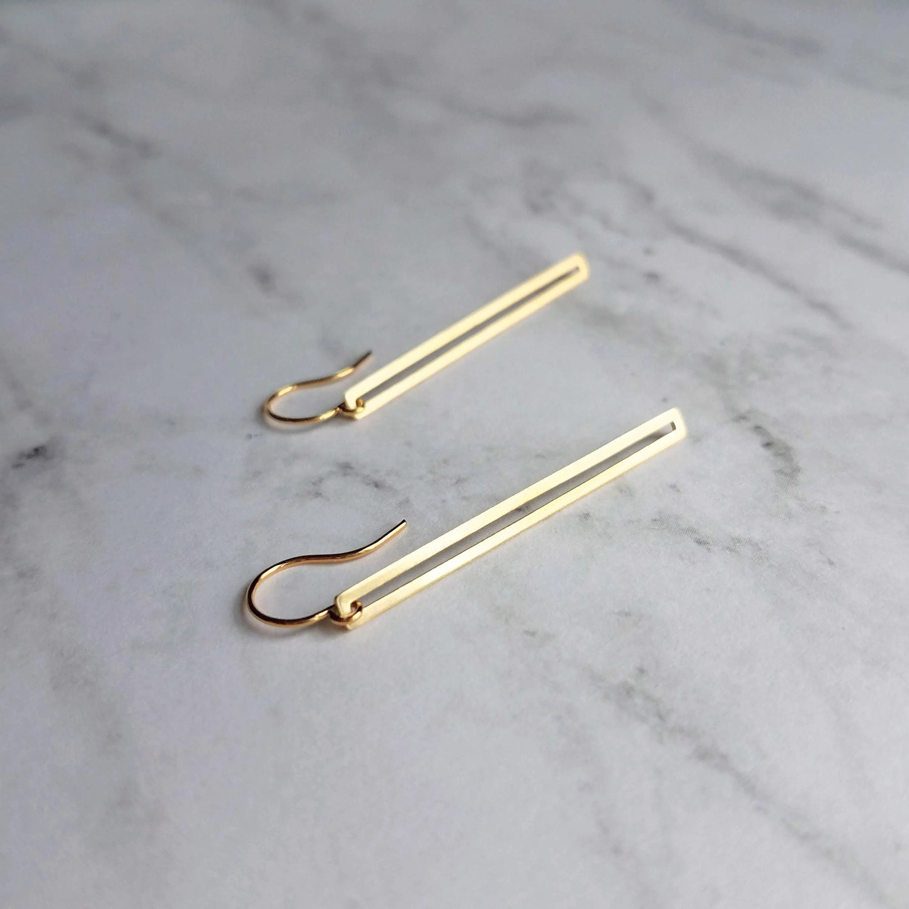 Long Thin Gold Bar Earrings - open rectangle earring, minimalist earring, narrow gold earring, gold rectangle outline, long gold earring