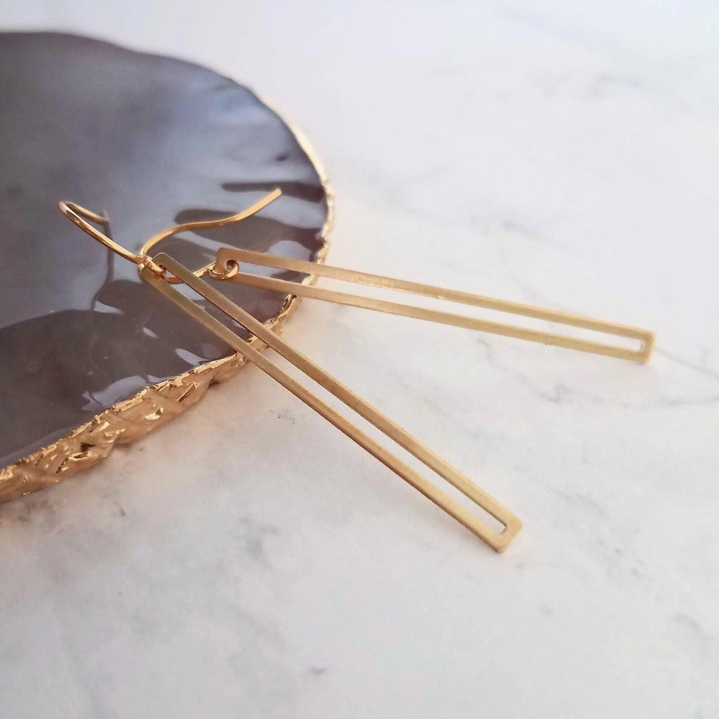 Long Thin Gold Bar Earrings - open rectangle earring, minimalist earring, narrow gold earring, gold rectangle outline, long gold earring