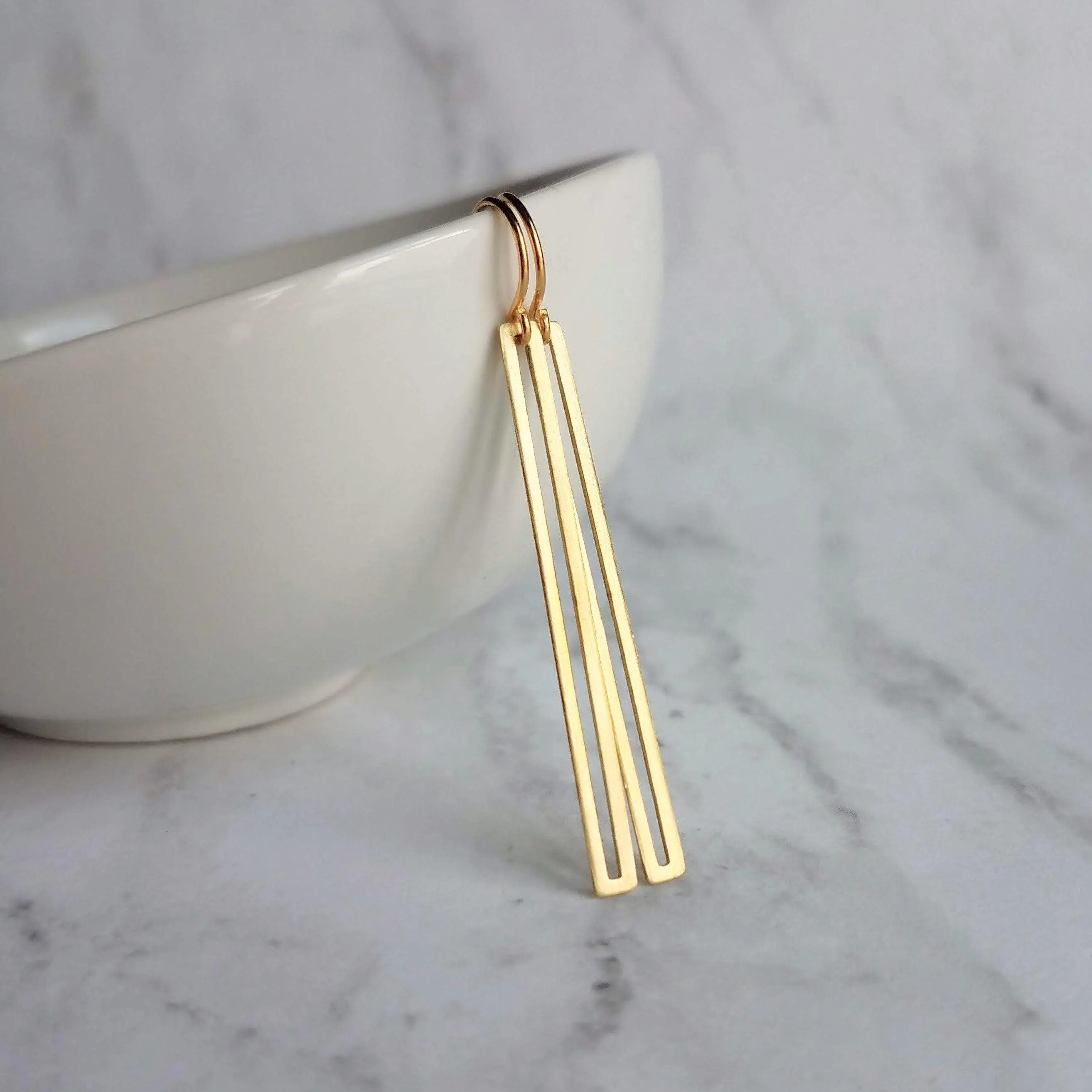 Long Thin Gold Bar Earrings - open rectangle earring, minimalist earring, narrow gold earring, gold rectangle outline, long gold earring