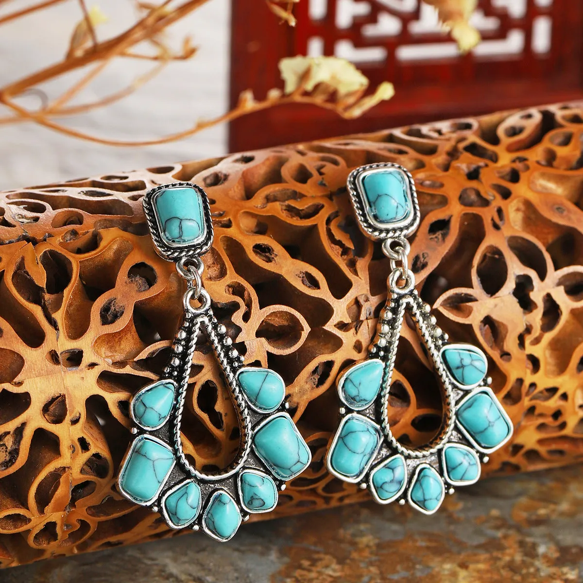 Marbled Turquoise & Silver-Plated Chandelier Drop Earrings