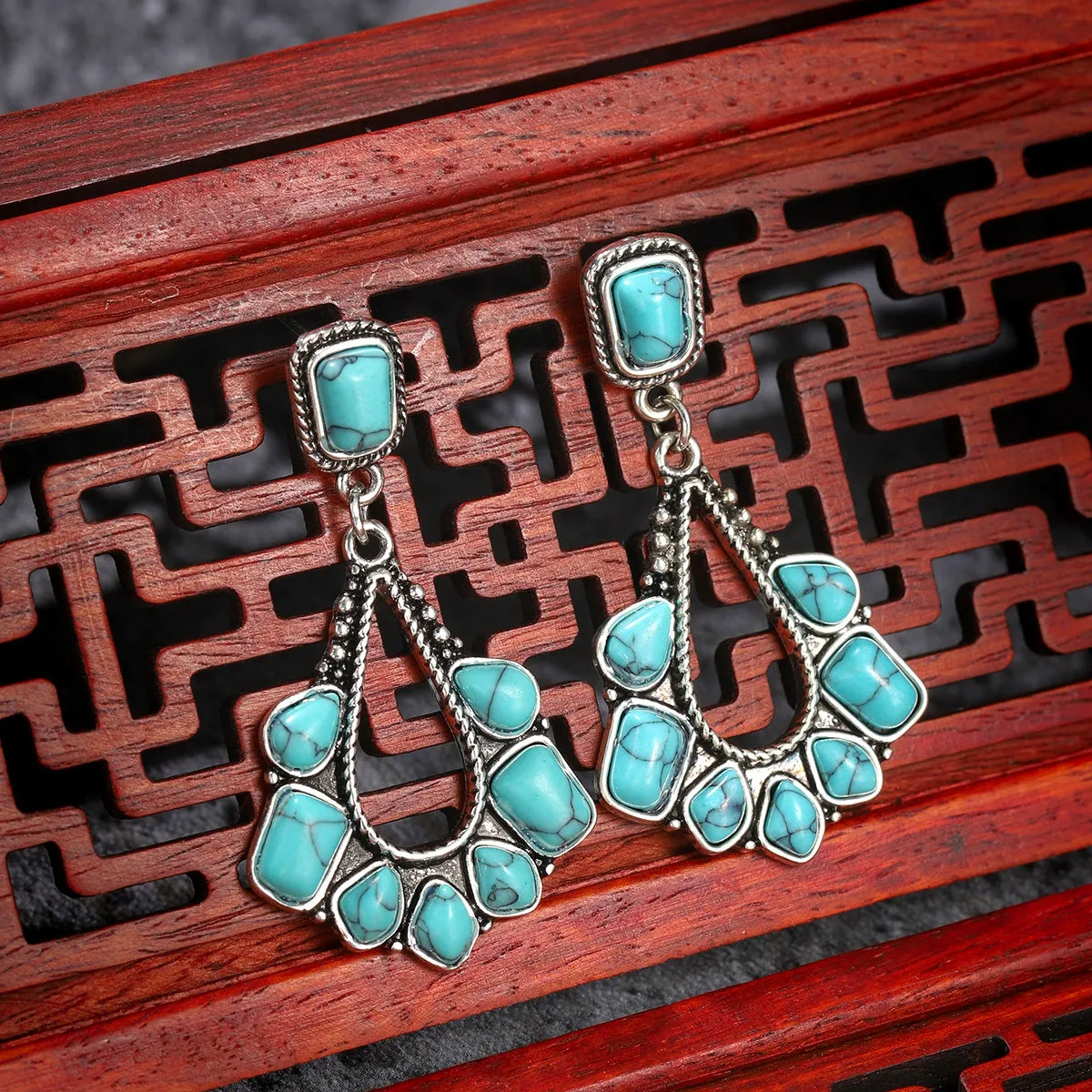 Marbled Turquoise & Silver-Plated Chandelier Drop Earrings
