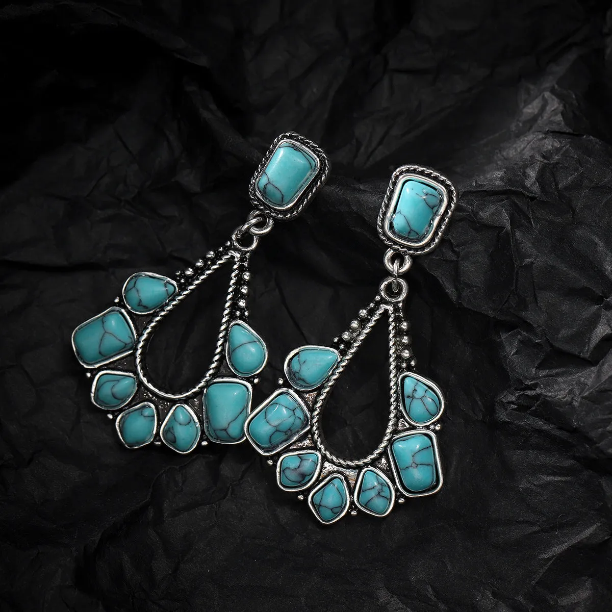 Marbled Turquoise & Silver-Plated Chandelier Drop Earrings