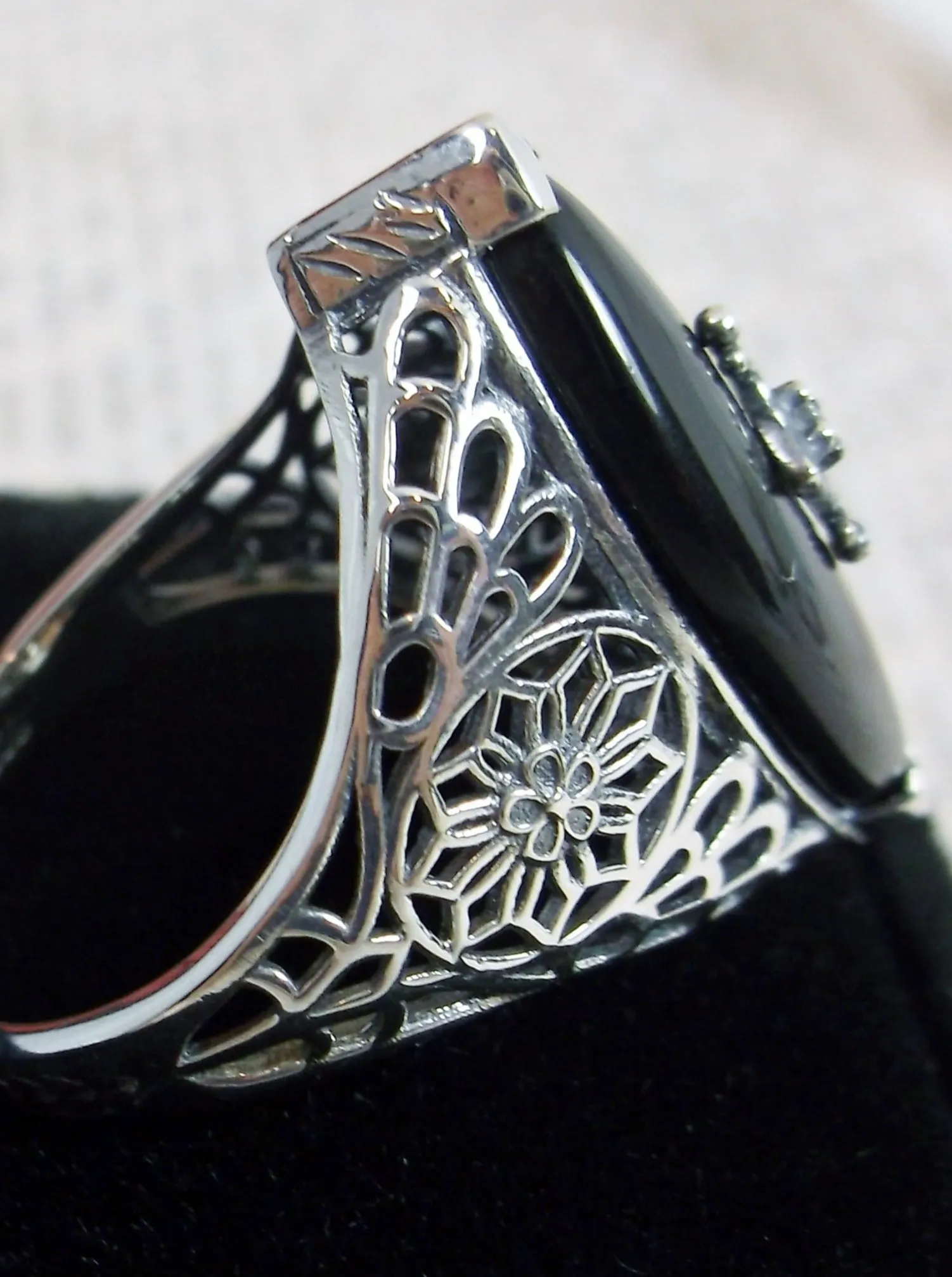 Marquise Ring, Black Camphor Glass, Edwardian Style Jewelry #D236