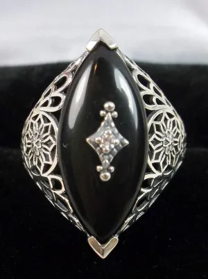 Marquise Ring, Black Camphor Glass, Edwardian Style Jewelry #D236