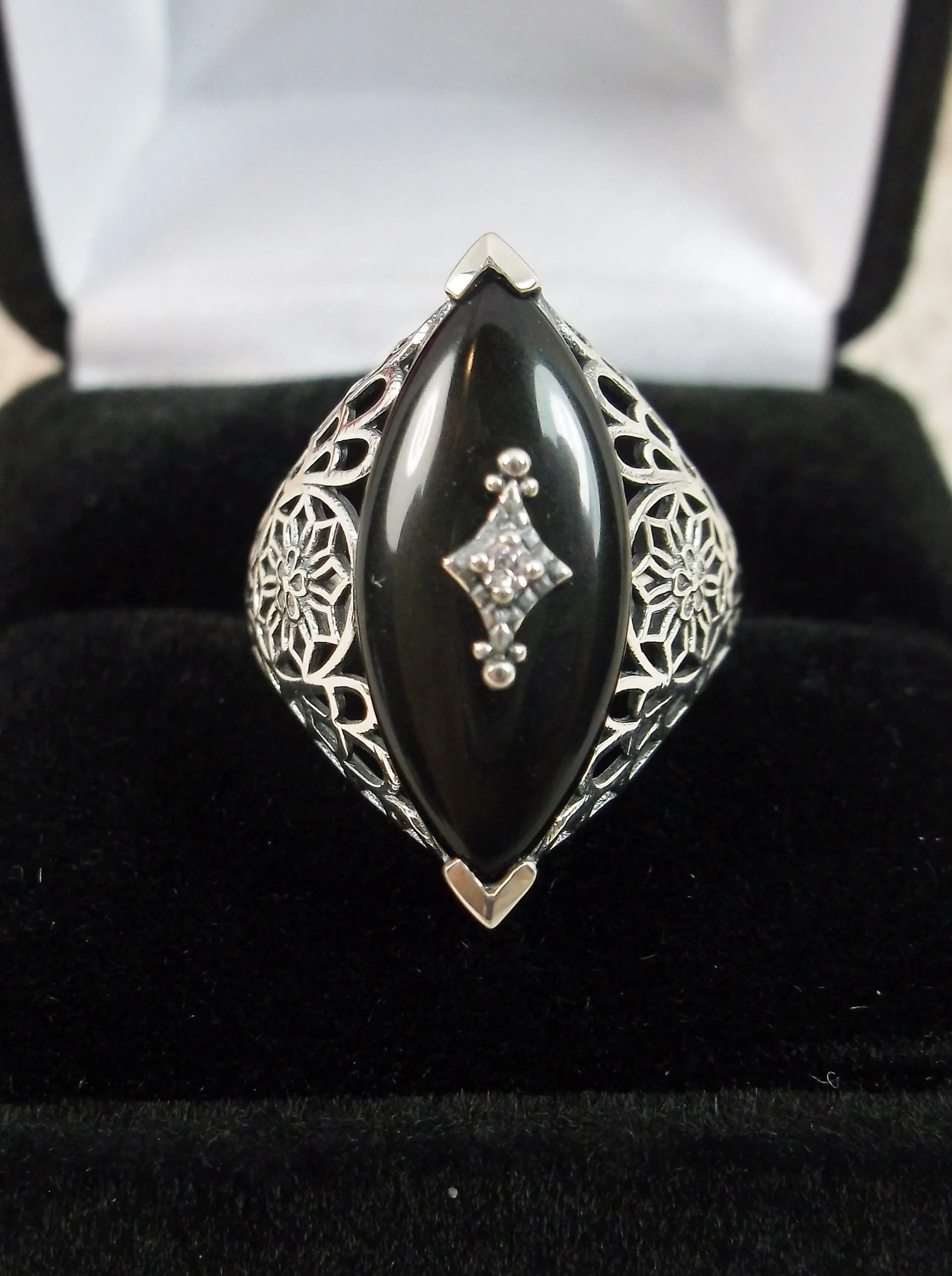 Marquise Ring, Black Camphor Glass, Edwardian Style Jewelry #D236