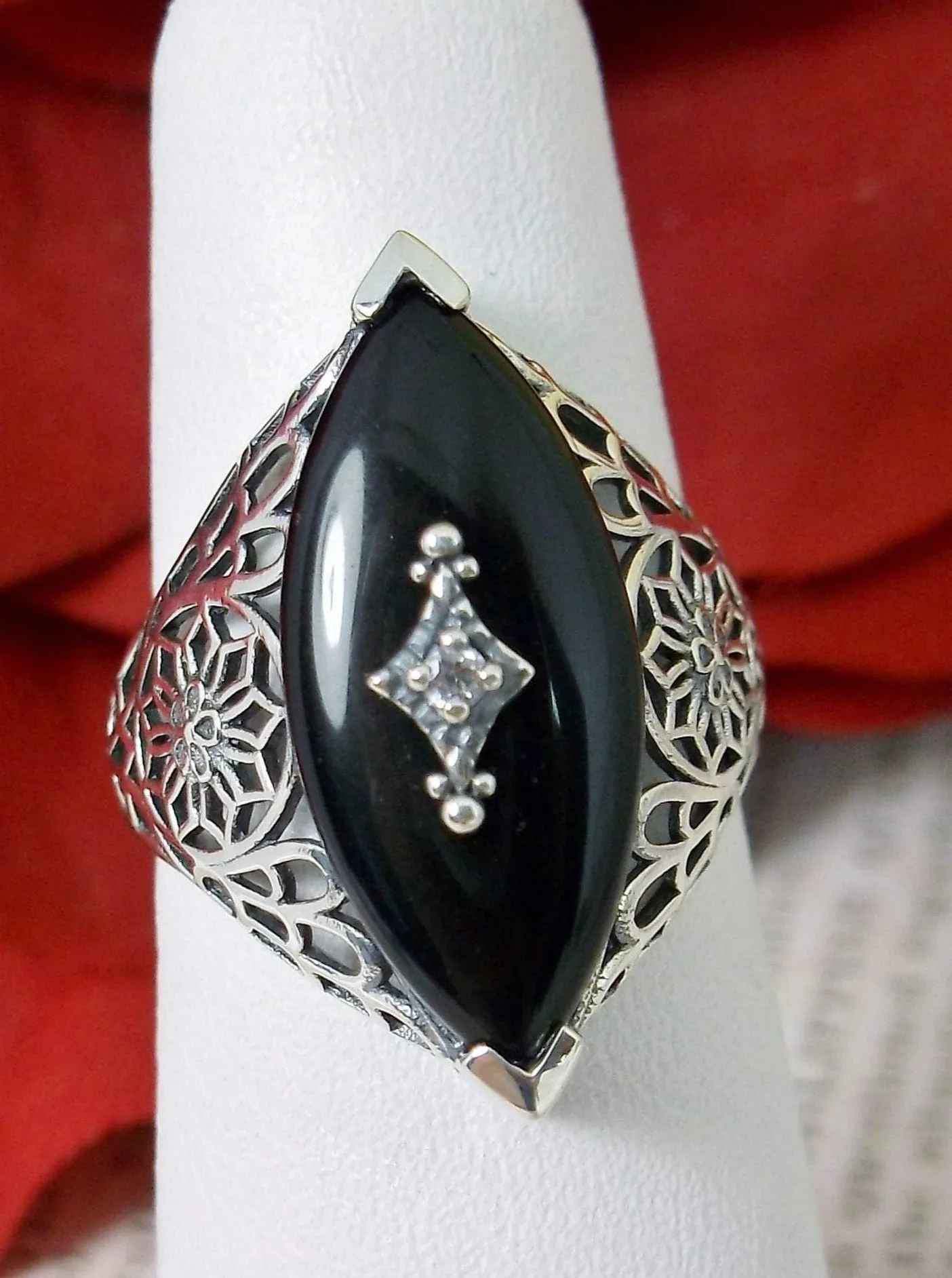 Marquise Ring, Black Camphor Glass, Edwardian Style Jewelry #D236