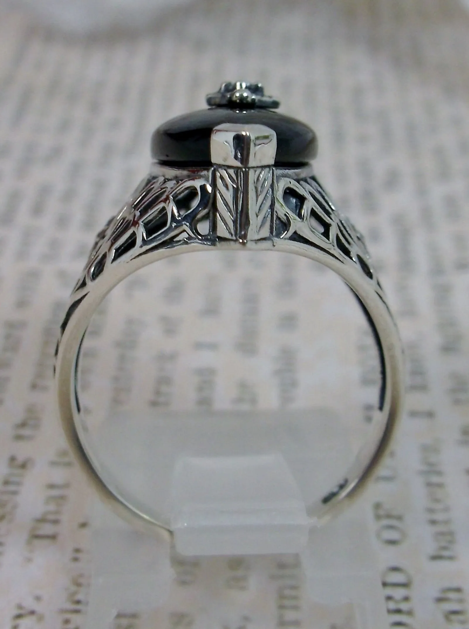 Marquise Ring, Black Camphor Glass, Edwardian Style Jewelry #D236