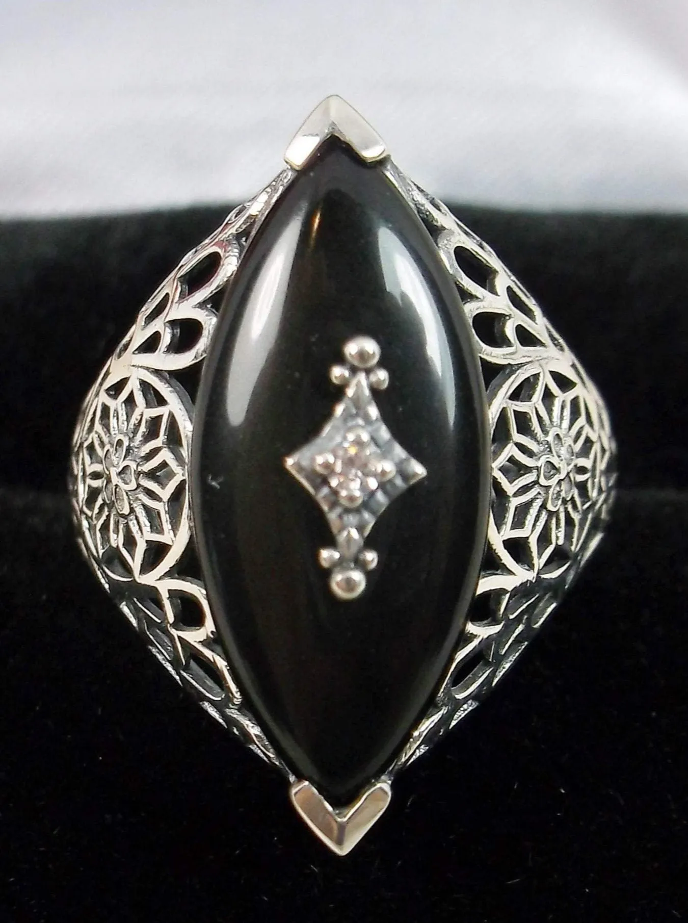 Marquise Ring, Black Camphor Glass, Edwardian Style Jewelry #D236