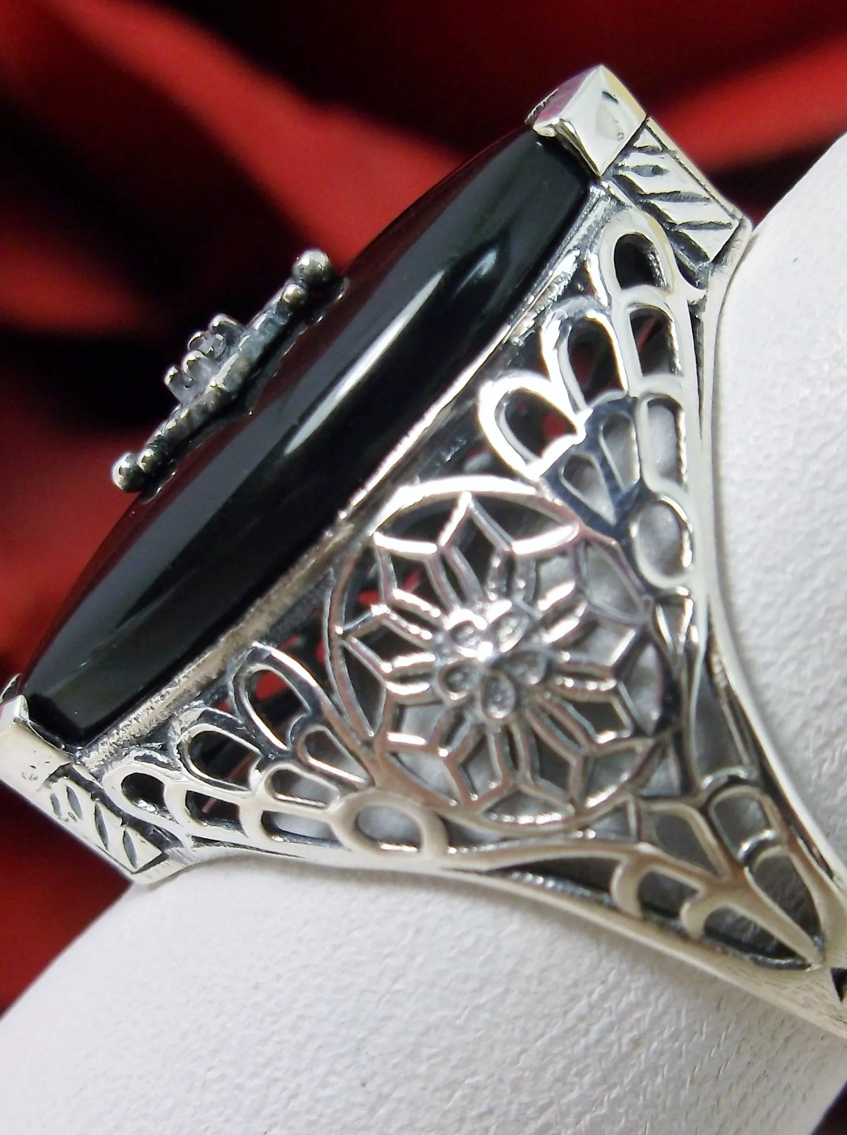 Marquise Ring, Black Camphor Glass, Edwardian Style Jewelry #D236