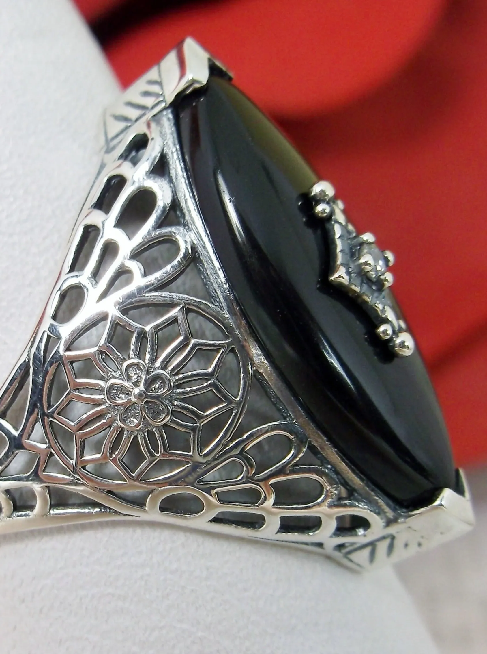 Marquise Ring, Black Camphor Glass, Edwardian Style Jewelry #D236