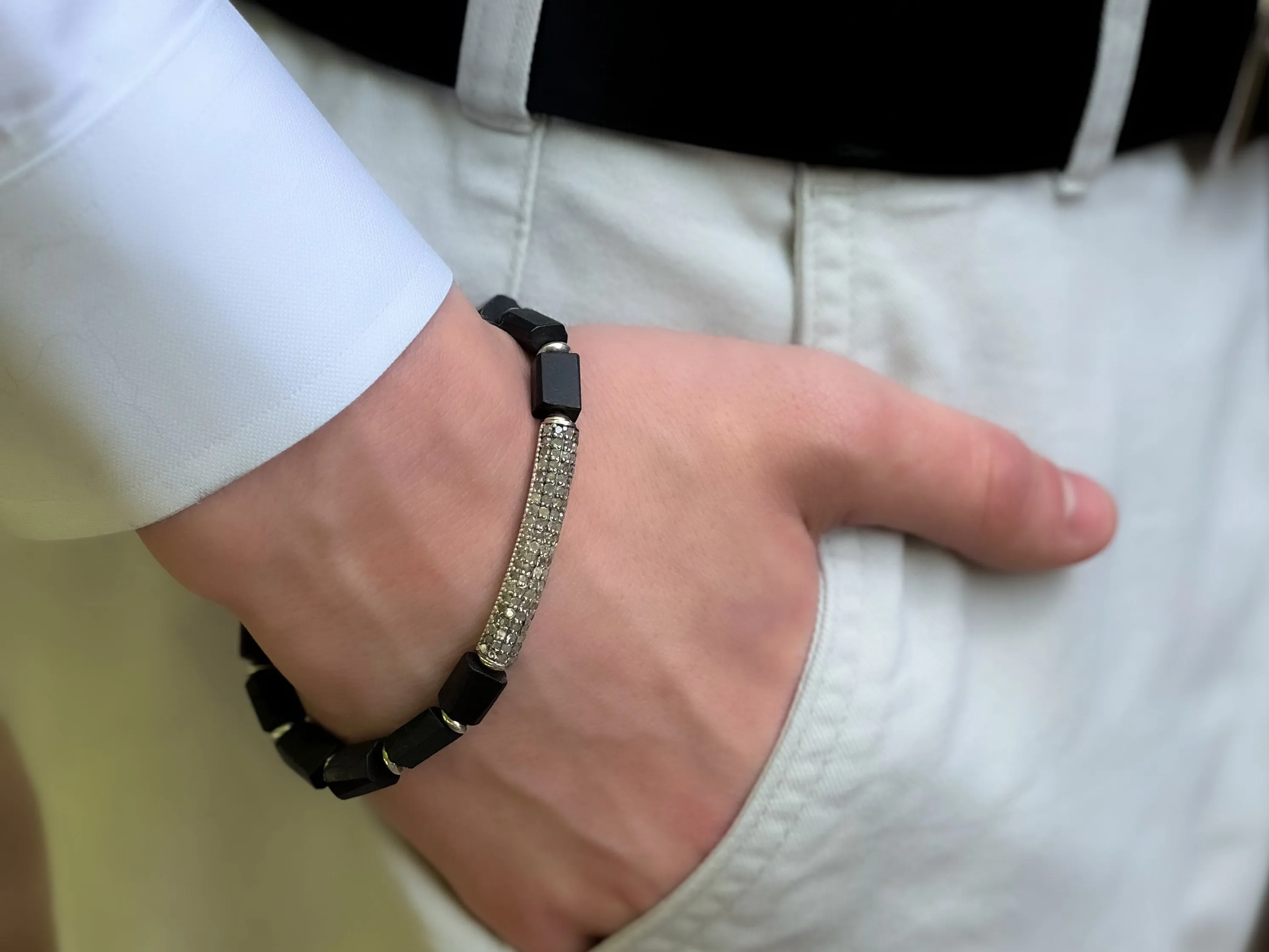 Men's Shungite Bracelet with Diamond Pave Bar Accent
