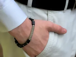 Men's Shungite Bracelet with Diamond Pave Bar Accent