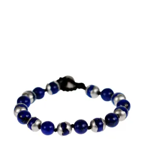 Men's Sterling Silver Flower Cap Lapis Bead Bracelet on Cord