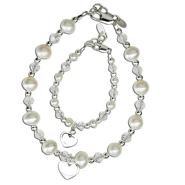 Mother and Baby Bracelet Sets:  Sterling Silver Ball/Swarovski Clear Crystal Ball Mother and Baby Bracelet Set