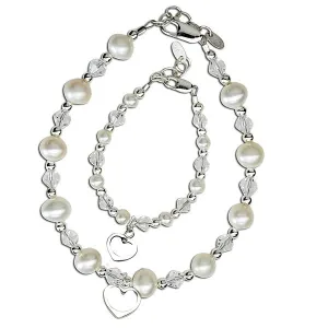 Mother and Baby Bracelet Sets:  Sterling Silver Ball/Swarovski Clear Crystal Ball Mother and Baby Bracelet Set