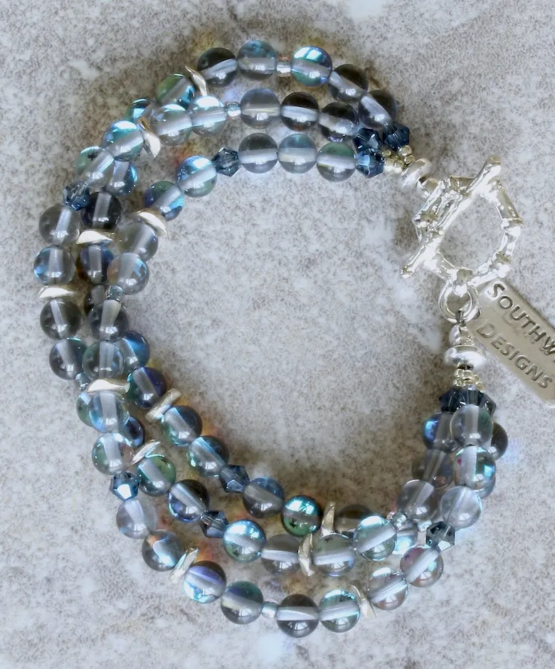 Mystic Aura Quartz Rounds 3-Strand Bracelet with Fire Polished Glass and a Silver Toggle Clasp