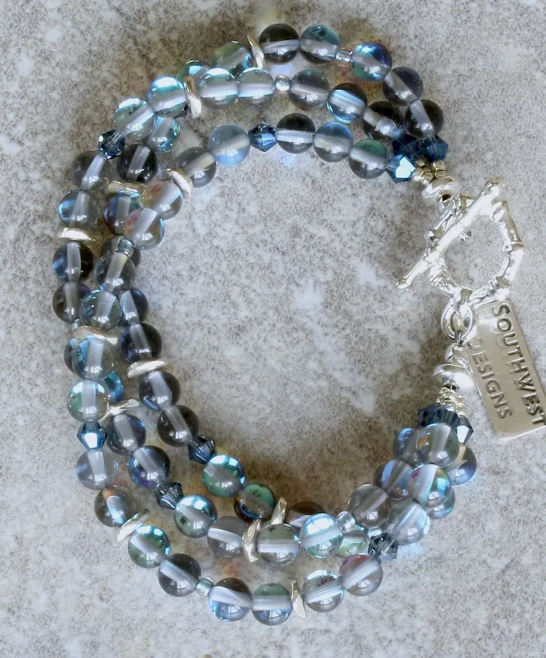 Mystic Aura Quartz Rounds 3-Strand Bracelet with Fire Polished Glass and a Silver Toggle Clasp